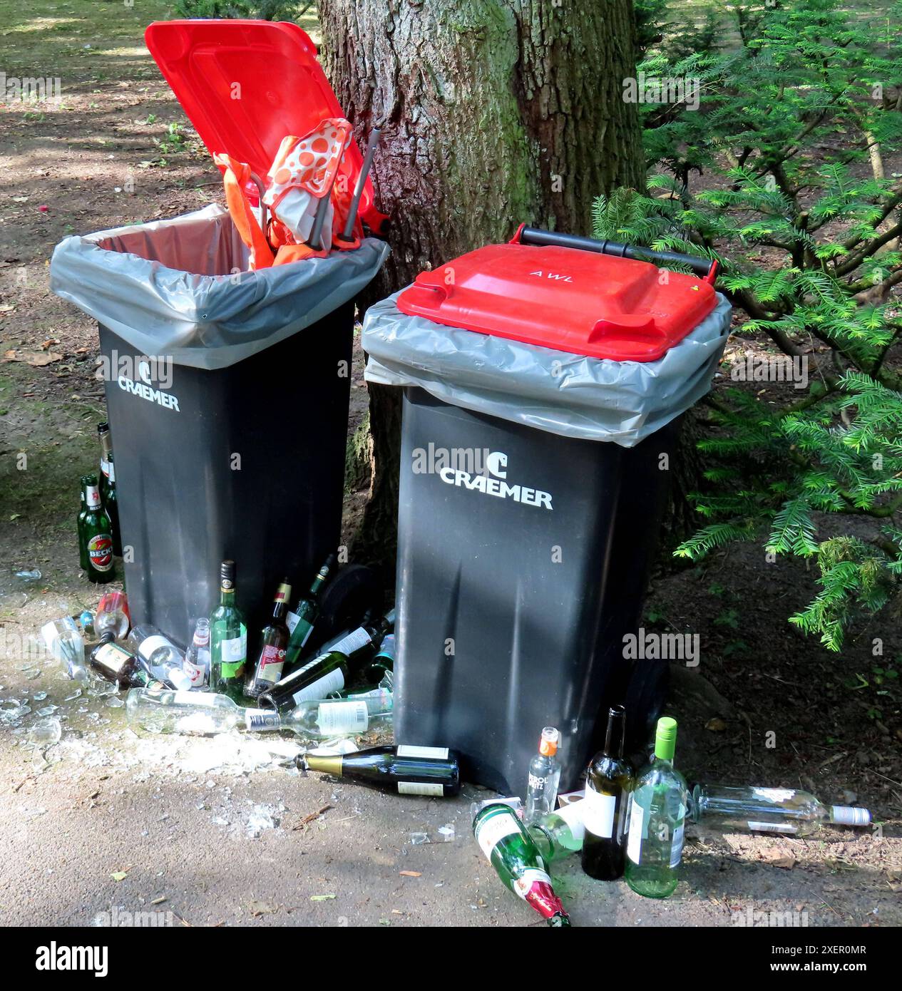 ...chronisch - auf fast jedem fest Abfall, Muell und Leergut in Massen...die Leute muessen doch Kohle genug haben... Fest vorbei - Tonnen abgefuellt *** chronisch bei fast jedem Festivalabfall, Müll und Leere in Massen müssen die Menschen genügend Kohle haben, über Tonnen aufgefüllt Stockfoto