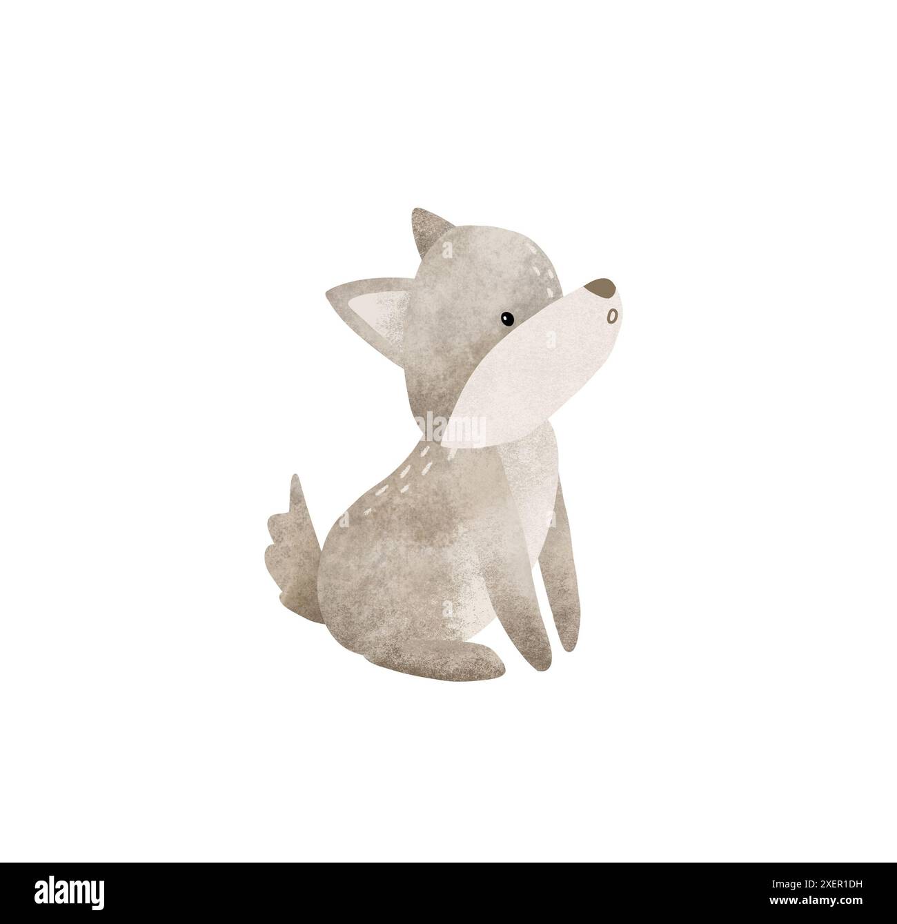 Zeichentricktier für Kinder Design. Handgezeichnete Illustration des grauen süßen Wolfes auf isoliertem Hintergrund. Minimalistischer skandinavischer Stil. Wilde Waldtiere. Stockfoto