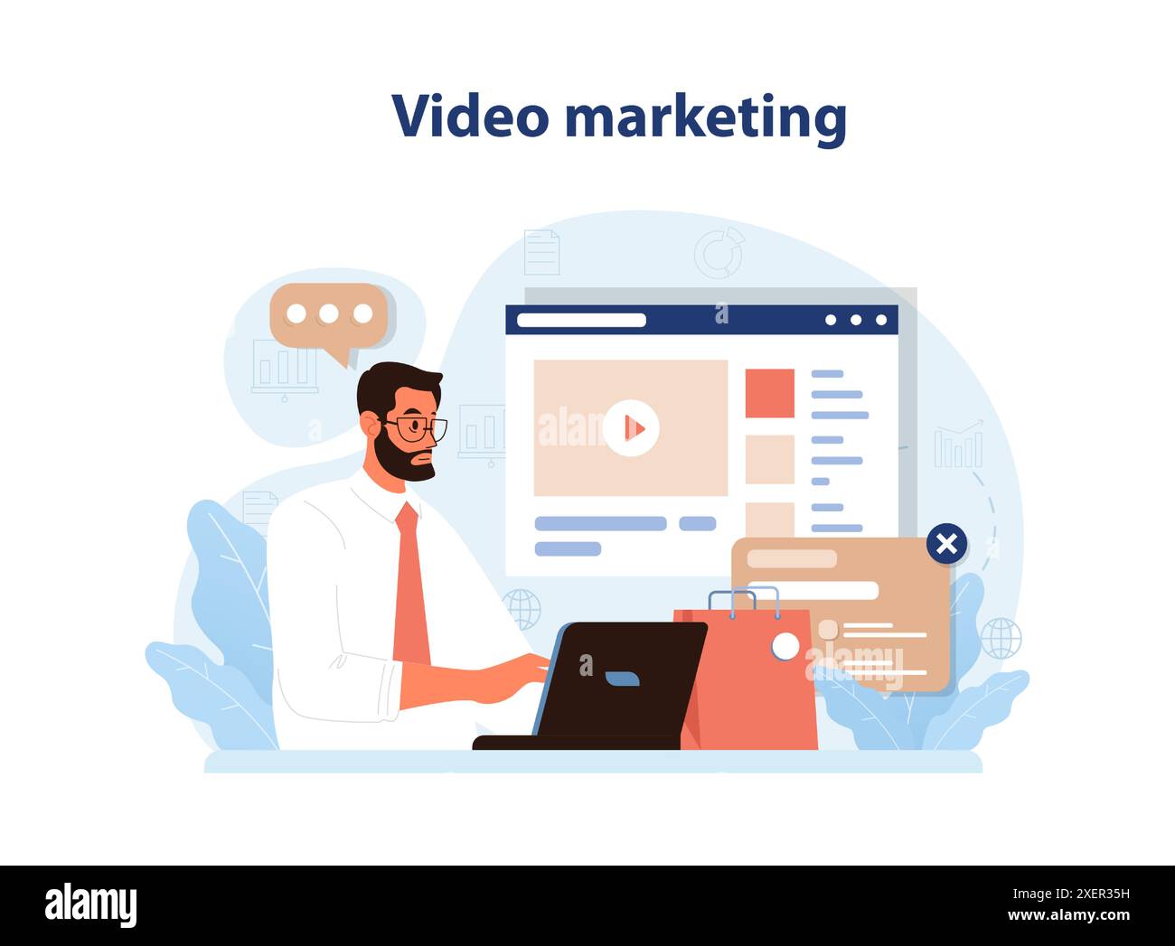 Video-Marketing. Online-Werbung auf Streaming-Vlog. E-Commerce, Verkauf von Produkten in sozialen Medien. Online-Videoshop oder Infomercial. Werbeinhalte für Marken oder Produkte. Illustration des flachen Vektors Stock Vektor