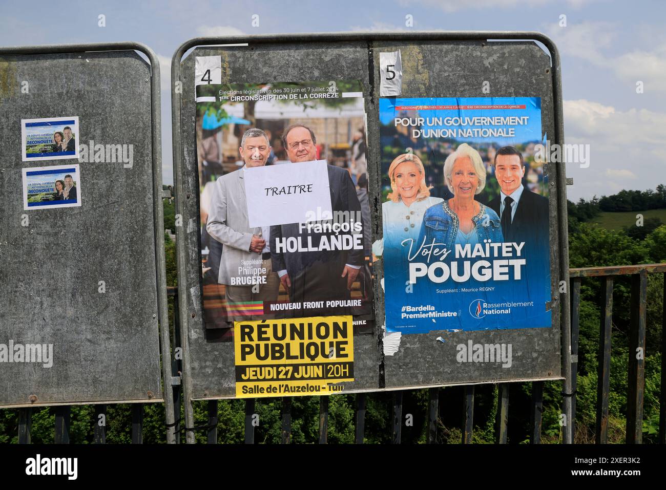 Corrèze, Frankreich. Juni 2024. Francois Hollande nannte einen „Verräter“. Der ehemalige Präsident der Französischen Republik ist Kandidat bei den Parlamentswahlen vom 30. Juni und 7. Juli 2024 in Corrèze. Hier wurde auf seinem Wahlplakat die Qualifikation „Verräter“ hinzugefügt. Francois Hollande ist Teil der Wahlkoalition „neue Volksfront“. Corrèze, Limousin, Frankreich, Europa. Foto: HM Images/Alamy Live News. Stockfoto