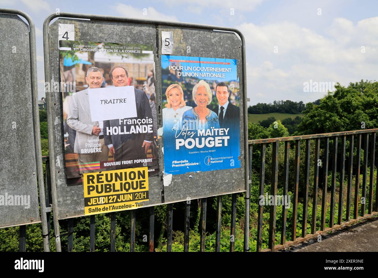 Corrèze, Frankreich. Juni 2024. Francois Hollande nannte einen „Verräter“. Der ehemalige Präsident der Französischen Republik ist Kandidat bei den Parlamentswahlen vom 30. Juni und 7. Juli 2024 in Corrèze. Hier wurde auf seinem Wahlplakat die Qualifikation „Verräter“ hinzugefügt. Francois Hollande ist Teil der Wahlkoalition „neue Volksfront“. Corrèze, Limousin, Frankreich, Europa. Foto: HM Images/Alamy Live News. Stockfoto