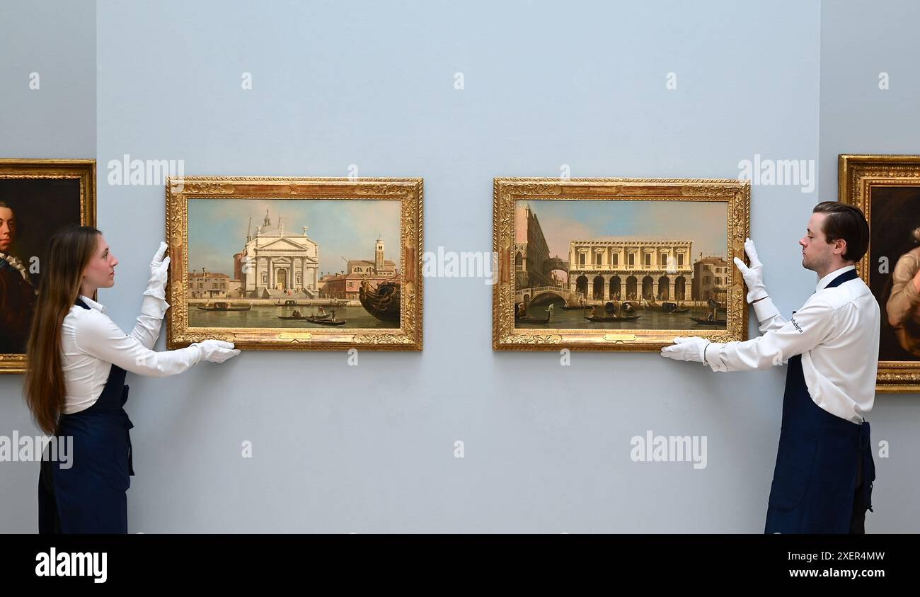 Sotheby's Old Master & 19 Century Paintings Evening Auction wird in London eröffnet, vor der Auktion am 3. Juli. Das Angebot umfasst Werke von Botticelli, Canaletto, Rubens, Sir Joshua Eynolds, Tiepolo und anderen . Stockfoto