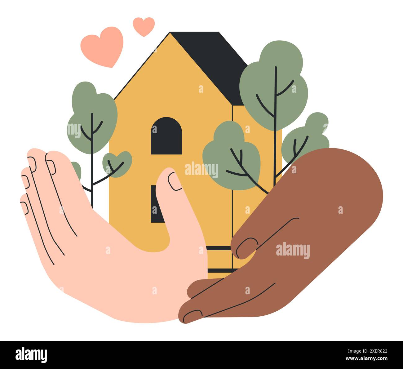 Startseite. Familienbeziehung, Liebe und Fürsorge. Zwei Menschenhände halten ein winziges Haus. Gemeinsam eine Familie aufbauen. Illustration des flachen Vektors Stock Vektor