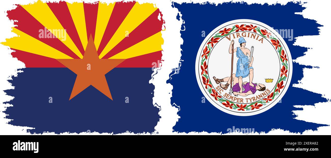 Virginia und Arizona staaten Grunge Pinsel Flags Verbindung, Vektor Stock Vektor