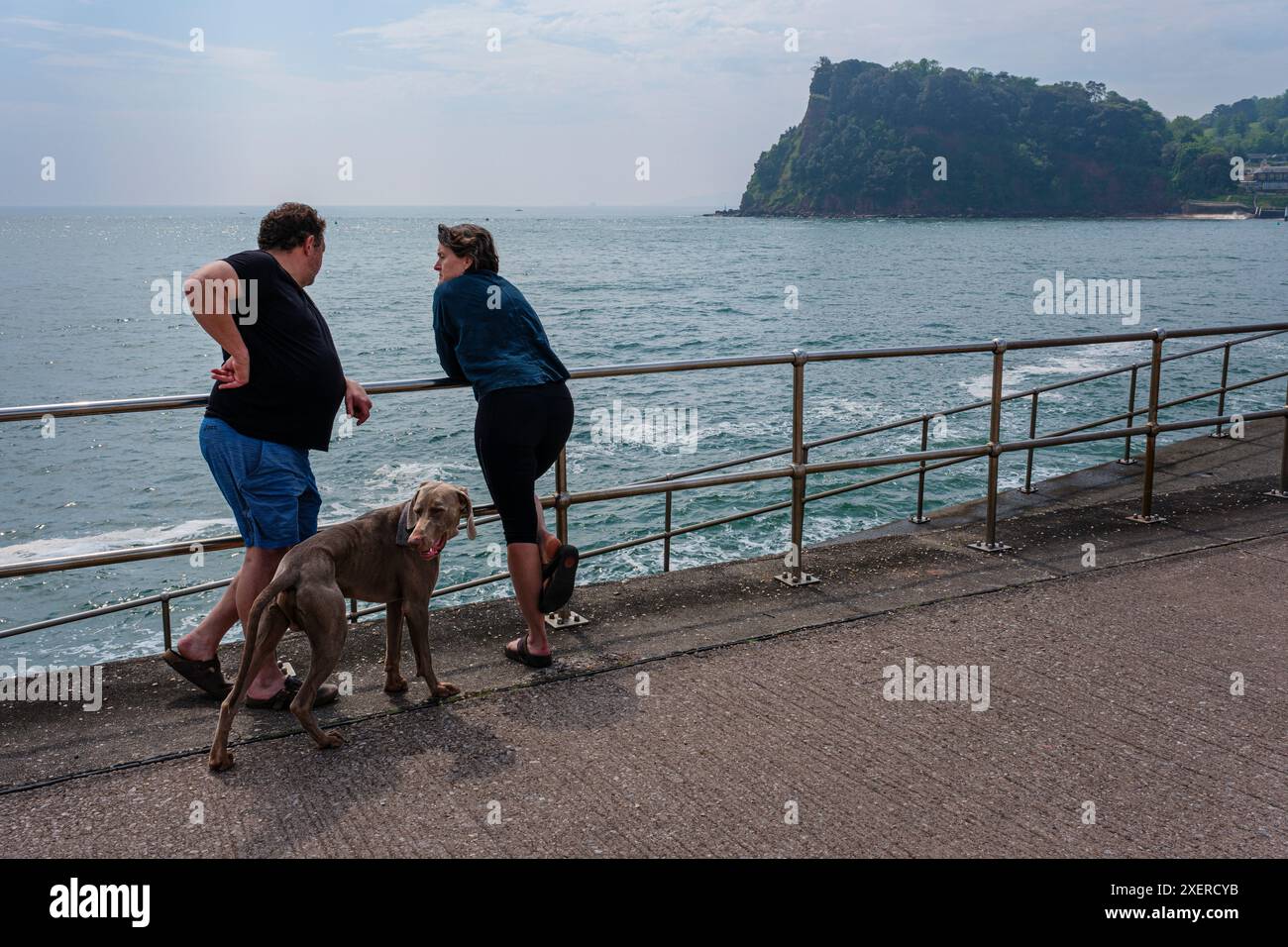 Ein Paar mit ihrem Hund bewundern die Aussicht von der Promenade in Teignmouth, Devon Stockfoto