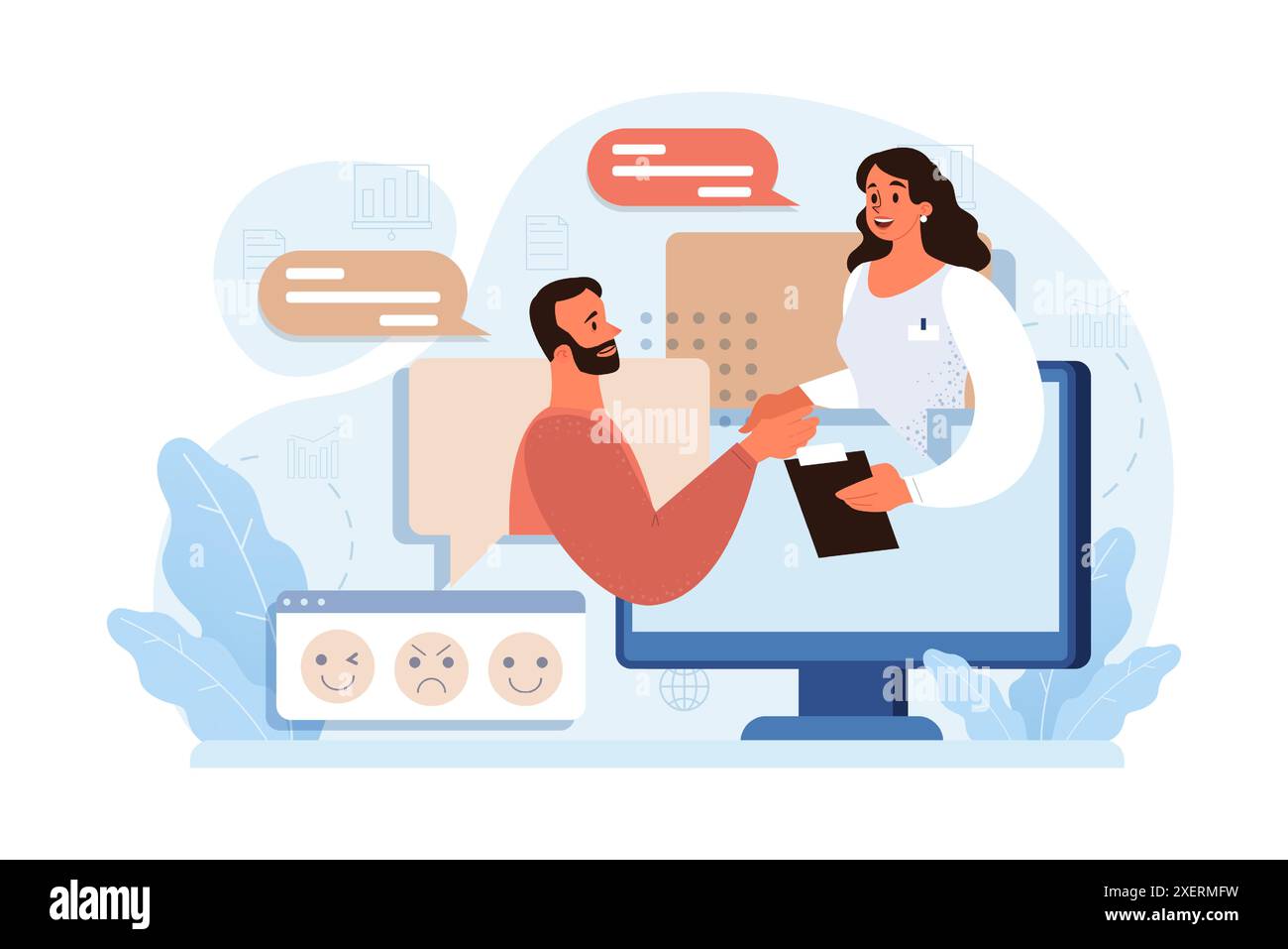 Online-Kommunikation. Gruppenfreunde, die miteinander sprechen und einen Dialog führen. Charakter mit digitalen Geräte-Apps für Chats und Videoanrufe. Soziale Netzwerke. Illustration des flachen Vektors Stock Vektor