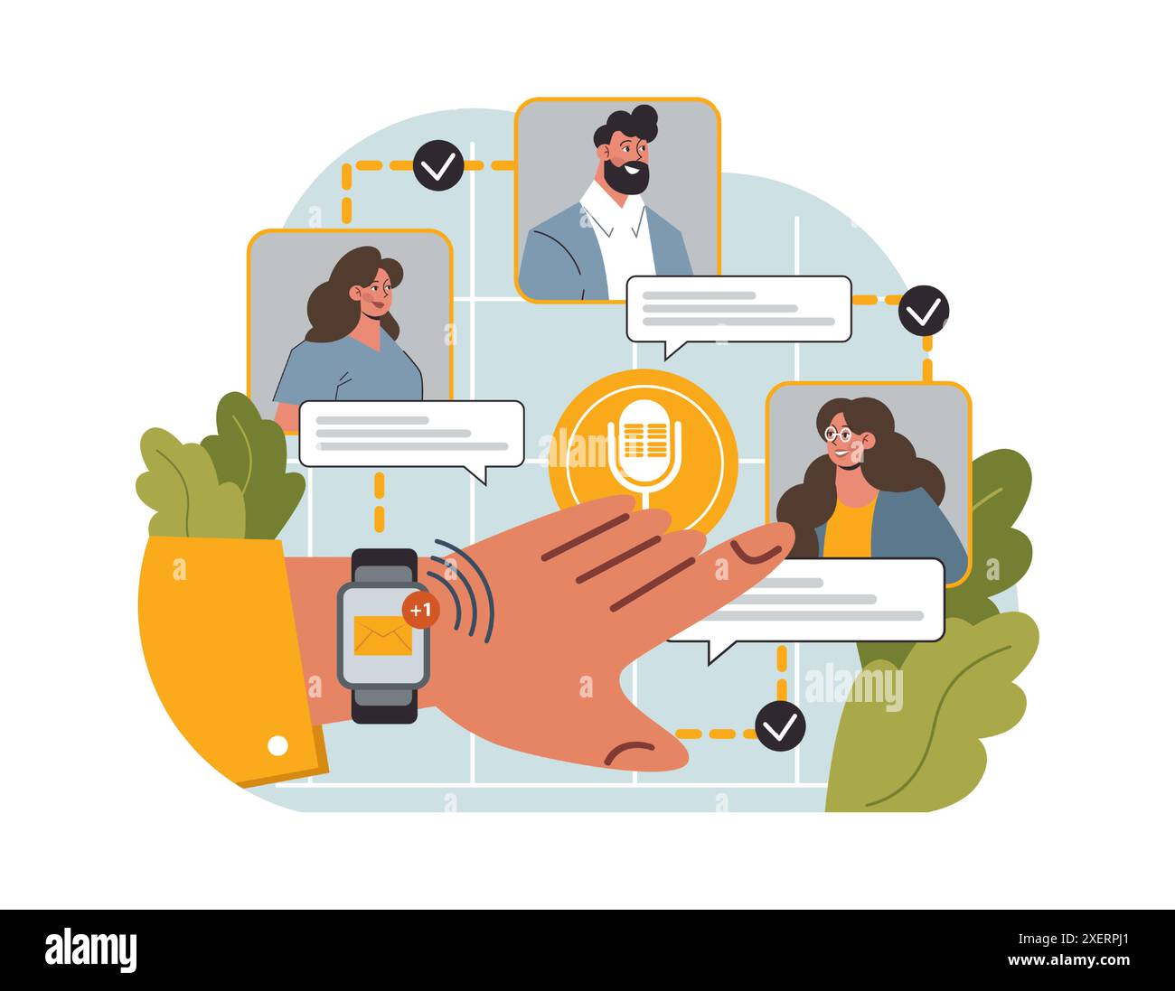 Online-Kommunikation. Gruppenfreunde, die miteinander sprechen und einen Dialog führen. Charakter mit digitalen Geräte-Apps für Chats und Videoanrufe. Soziale Netzwerke. Illustration des flachen Vektors Stock Vektor