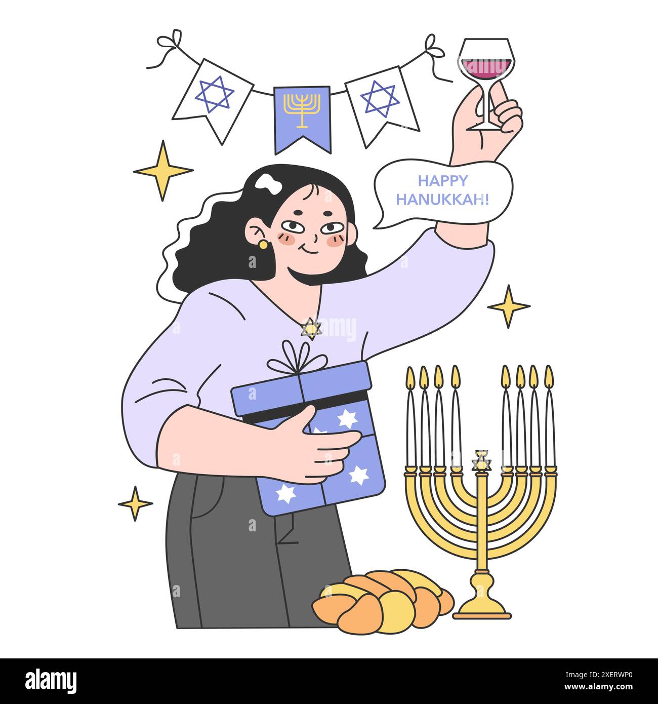 Hanukkah feiert. Eine junge Frau, die ein Glas Wein und einen Pesent hält. Familientreffen an religiösen Feiertagen. Hanukkah festliches Abendessen. Illustration des flachen Vektors Stock Vektor