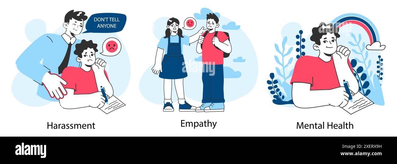 Schulmobbing-Set. Das verärgerte Opfer wird von anderen gemobbt und beschämt. Opfer von Belästigung und Demütigung. Soziales Gewaltproblem. Mündlicher oder körperlicher Missbrauch in der Schule. Illustration des flachen Vektors Stock Vektor