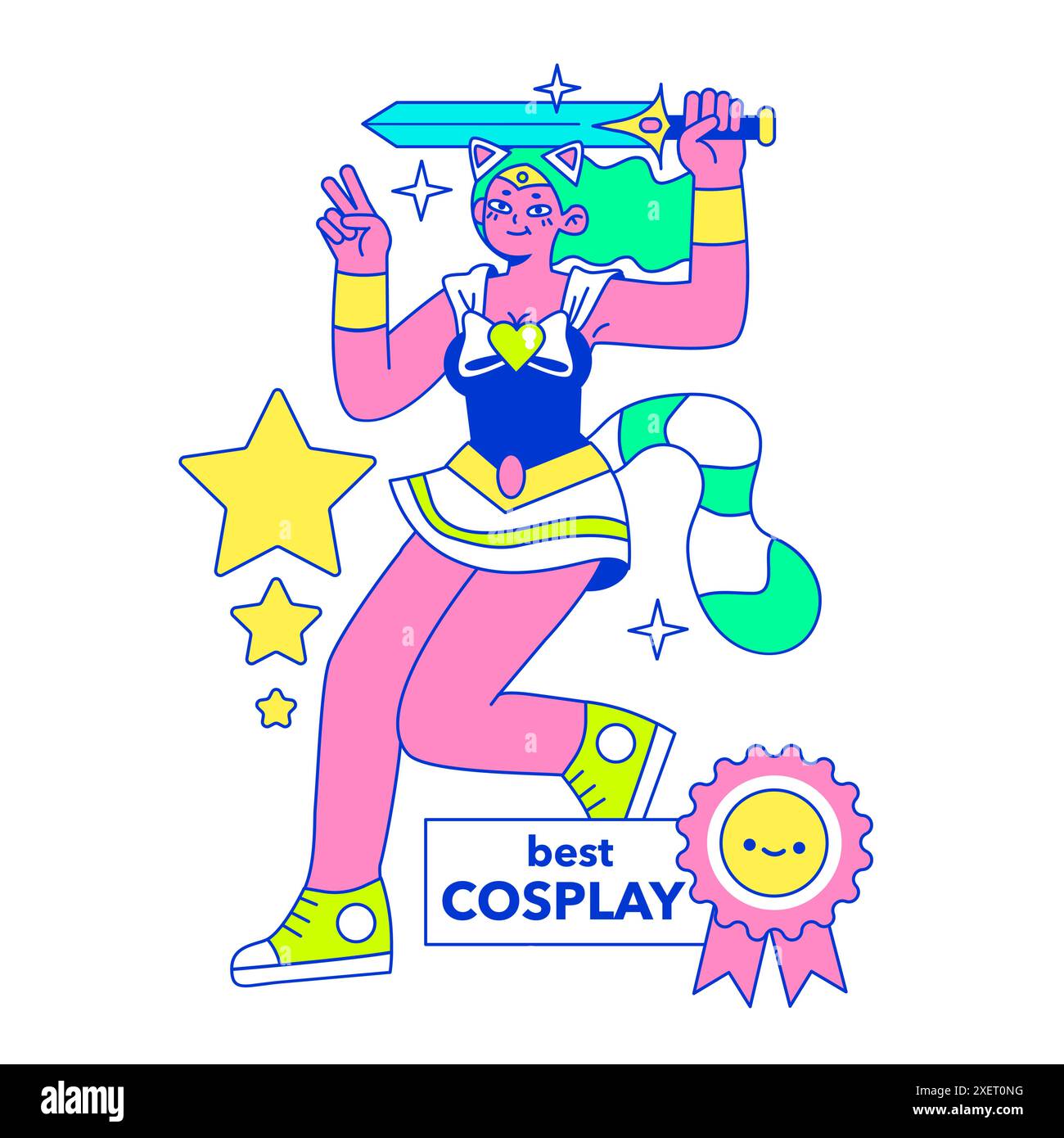 Cosplay. Eine junge Frau verkleidet als Superheldin, die mit einem Schwert kämpft. Teenager weibliche Figur in einem Kostüm, Rollenspiele. Unterhaltung und Kreativität. Illustration des flachen Vektors Stock Vektor Cosplay. Eine junge Frau verkleidet als Superheldin, die mit einem Schwert kämpft. Teenager weibliche Figur in einem Kostüm, Rollenspiele. Unterhaltung und Kreativität. Illustration des flachen Vektors Stock Vektor
