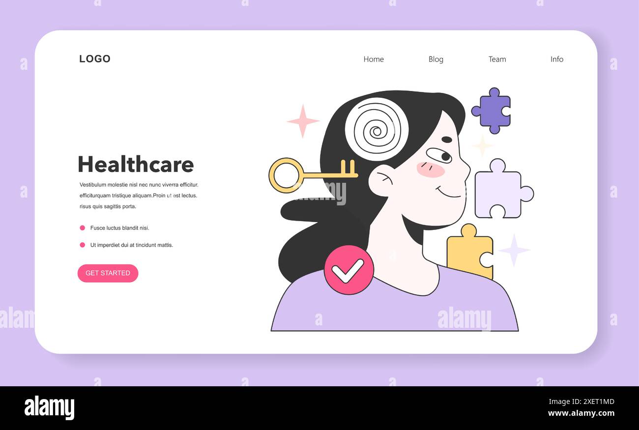 Web-Banner oder Landing-Page für geistiges Wohlbefinden oder Gesundheit. Ruhige und optimistische Einstellung, Selbstakzeptanz und psychologisches Wohlbefinden. Die Frau hat ihren Verstand geklärt. Illustration des flachen Vektors Stock Vektor