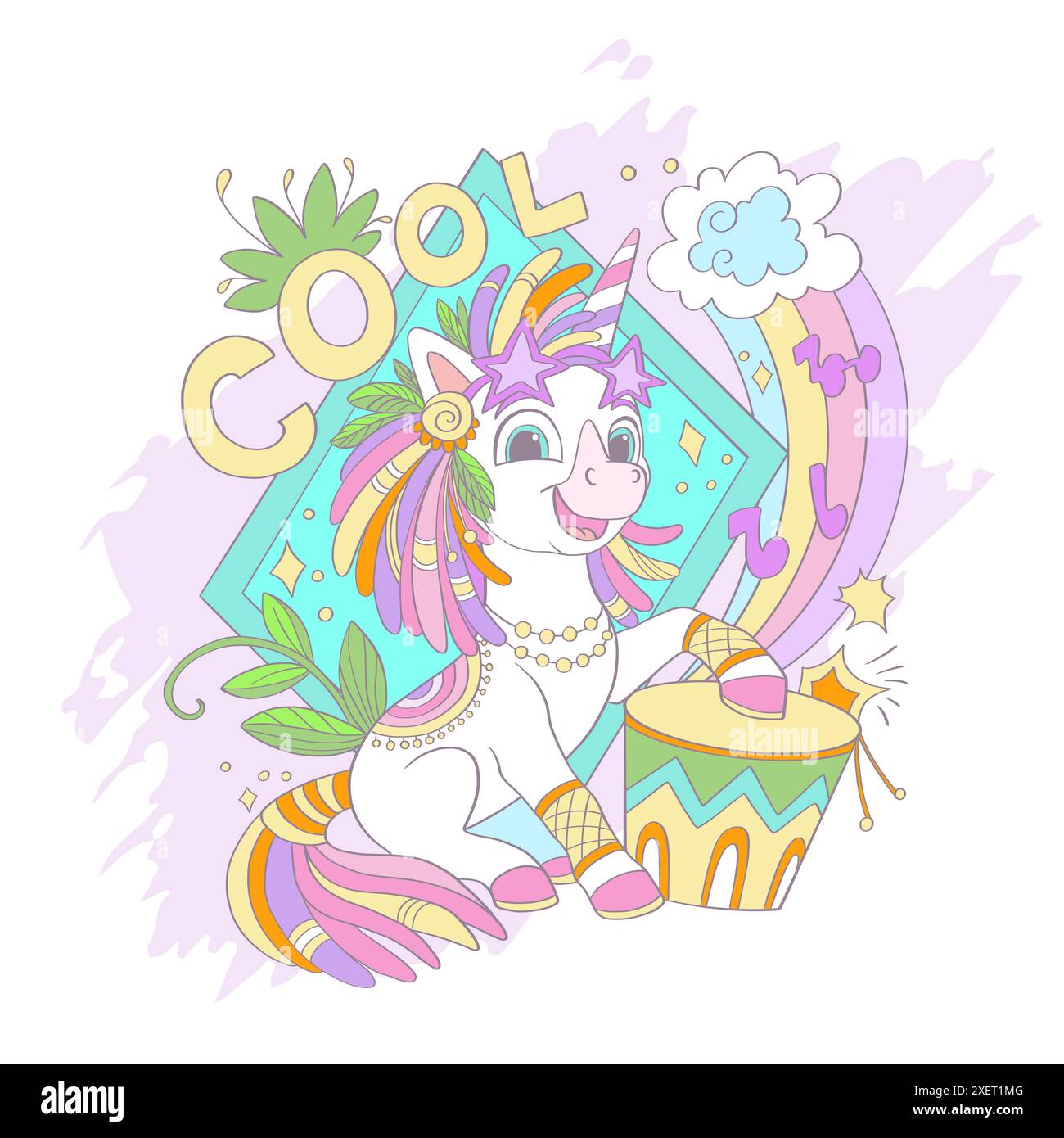 Niedliches Einhorn mit einer Drum Card Vektor Illustration Stock Vektor