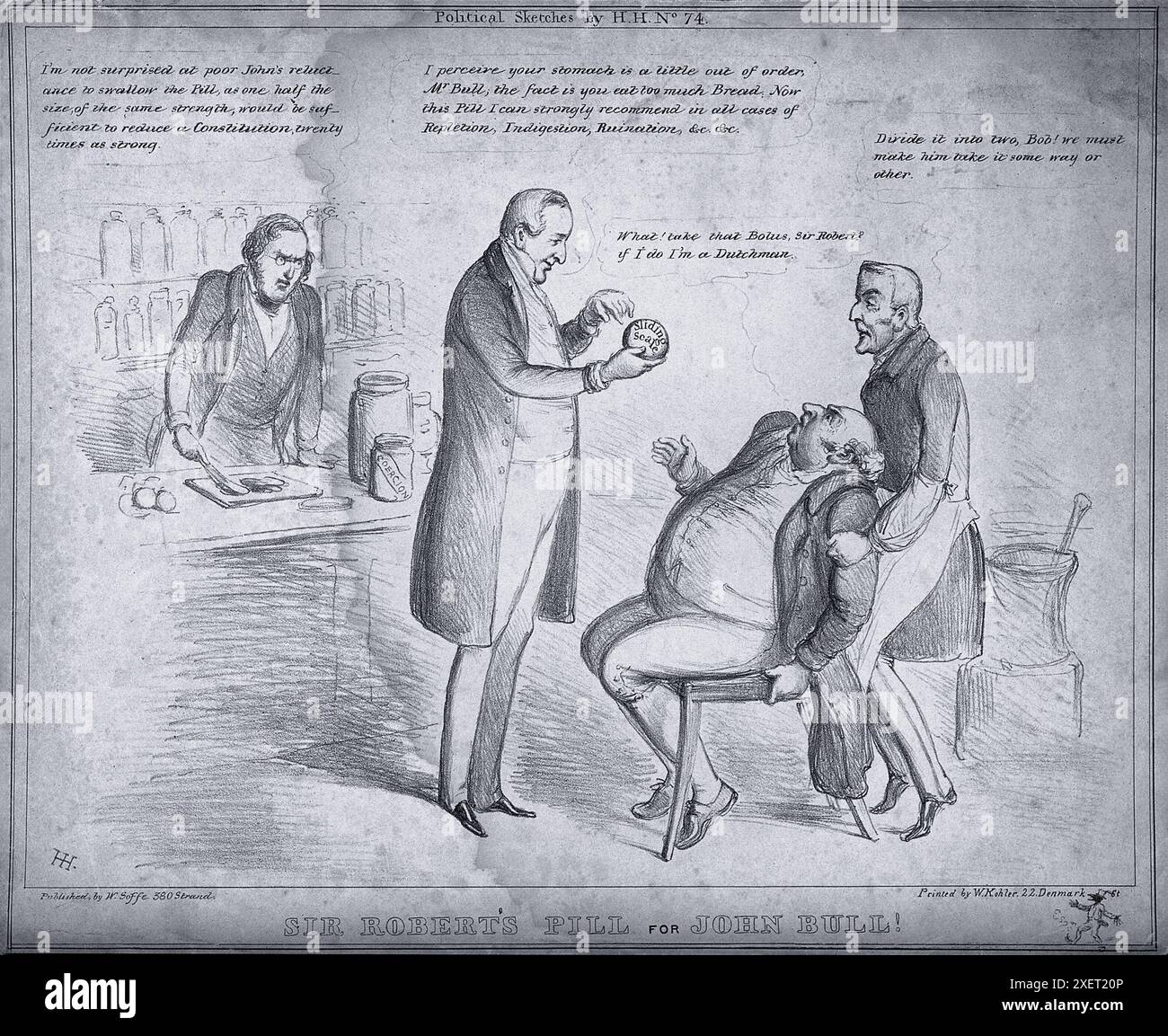 Diese Lithografie von H. Heath zeigt eine satirische Szene in einem Apothekerladen, in der Sir Robert Peel, ein prominenter britischer Politiker, versucht, John Bull, einer Personifikation Englands, eine große Pille zu zwangsweise zu füttern. Das Bild verspottet die gefühlte, schwerfällige Politik von Peel und anderen Politikern, die dem britischen Volk ihren Willen aufzwingen. Stockfoto