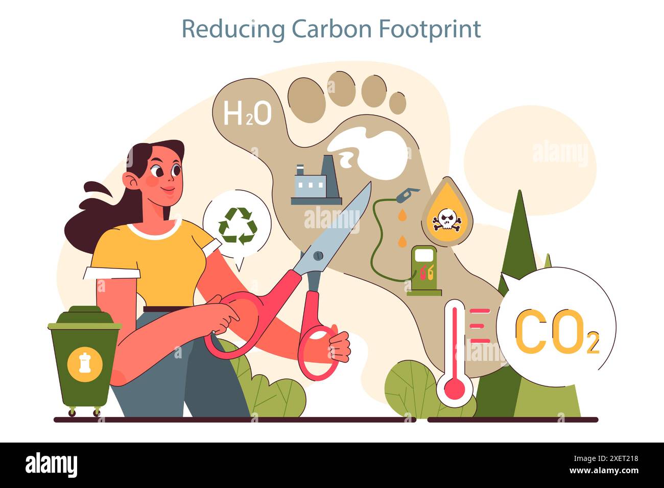 Umweltschutz und Verringerung des CO2-Fußabdrucks. Globale Strategie zur Verringerung der CO2-Emissionen. Umweltfreies und kohlenstoffneutrales Lebensziel. Illustration des flachen Vektors Stock Vektor Umweltschutz und Verringerung des CO2-Fußabdrucks. Globale Strategie zur Verringerung der CO2-Emissionen. Umweltfreies und kohlenstoffneutrales Lebensziel. Illustration des flachen Vektors Stock Vektor
