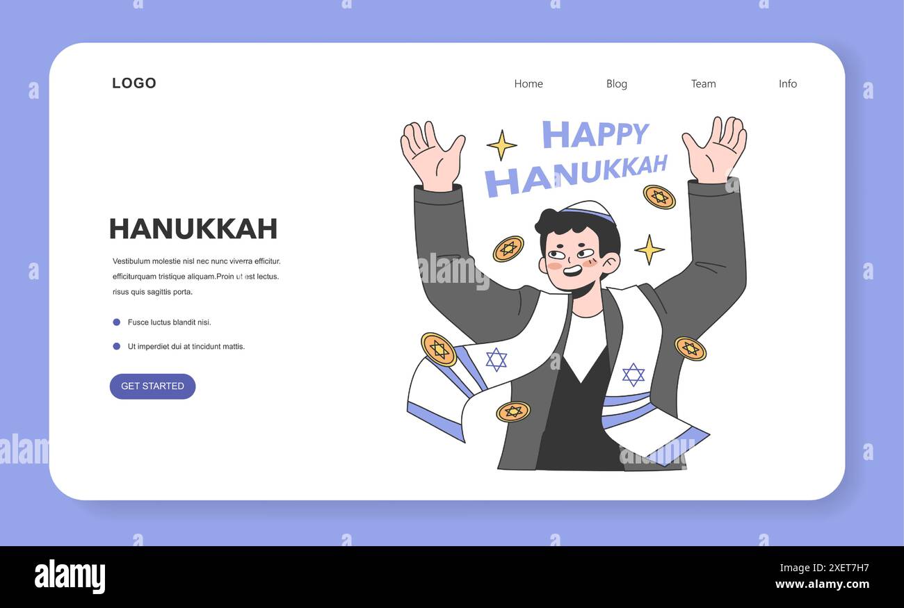 Hanukkah feiert Webbanner oder Landing-Page. Junger Mann oder Rabbi, der eine Kippah trägt. Treffen an religiösen Feiertagen. Illustration des flachen Vektors Stock Vektor