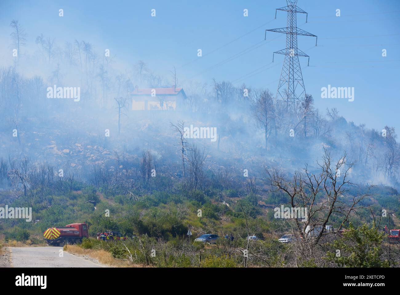 Athen, Griechenland. Juni 2024. Ein großes Waldfeuer verbrennt Katsimidi, ein Gebiet im Berg von Parnitha. Eine große Anzahl von Feuerwehrfahrzeugen, Flugzeugen und Hubschraubern wurde mobilisiert, um einen Waldbrand, der auf dem Parnitha-Berg im nördlichen Stadtrand von Athen ausbrach, einzudämmen. (Kreditbild: © Nikolas Georgiou/ZUMA Press Wire) NUR REDAKTIONELLE VERWENDUNG! Nicht für kommerzielle ZWECKE! Quelle: ZUMA Press, Inc./Alamy Live News Stockfoto