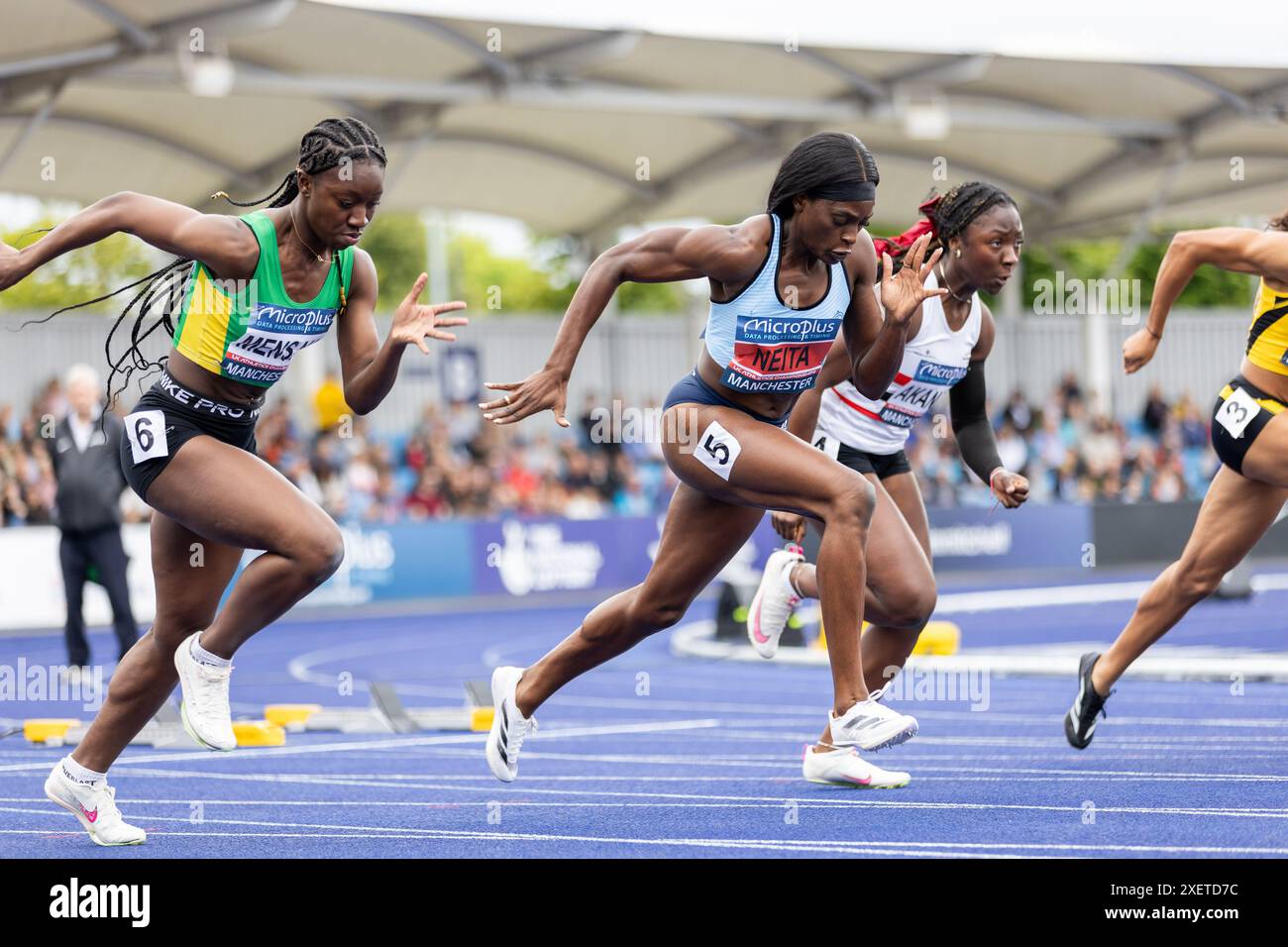 Manchester, Großbritannien, 29. Juni 2024, 100m Halbfinale der Frauen in der Manchester Regional Arena, Credit: Aaron Badkin/Alamy Live News Stockfoto