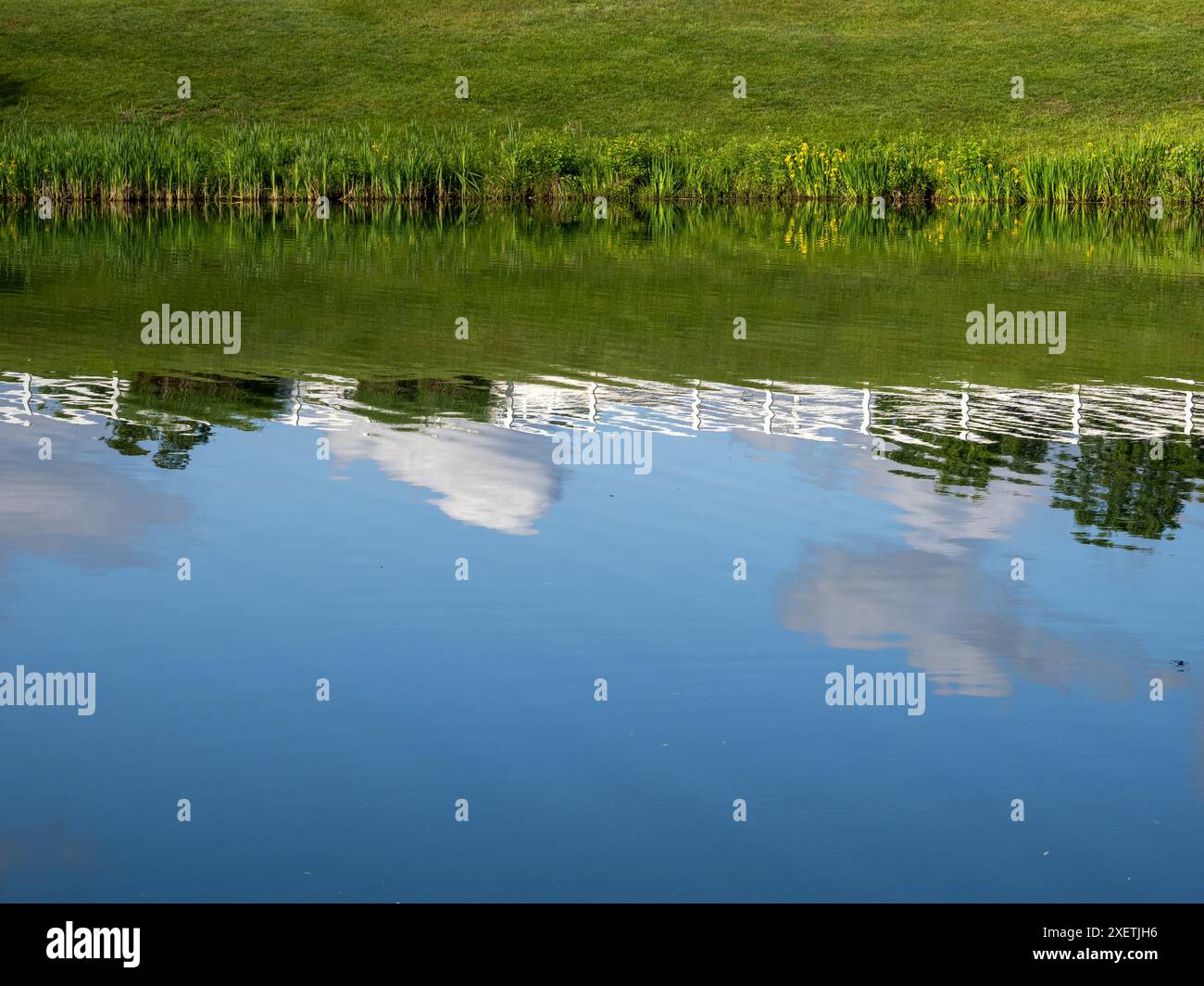 In einem Teich in Virginia spiegeln sich der Himmel, die Wolken und ein weißer Zaun wunderschön im Wasser. Stockfoto
