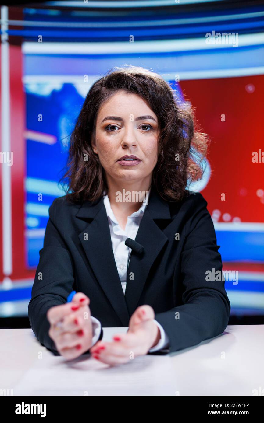 Reporter liefert wichtige Geschichten, sendet Live-Informationen und berichtet über aktuelle Ereignisse und aktuelle Entwicklungen. Forscher in Newsroom spricht im TV-Kanal über weltweite Bedenken. Stockfoto