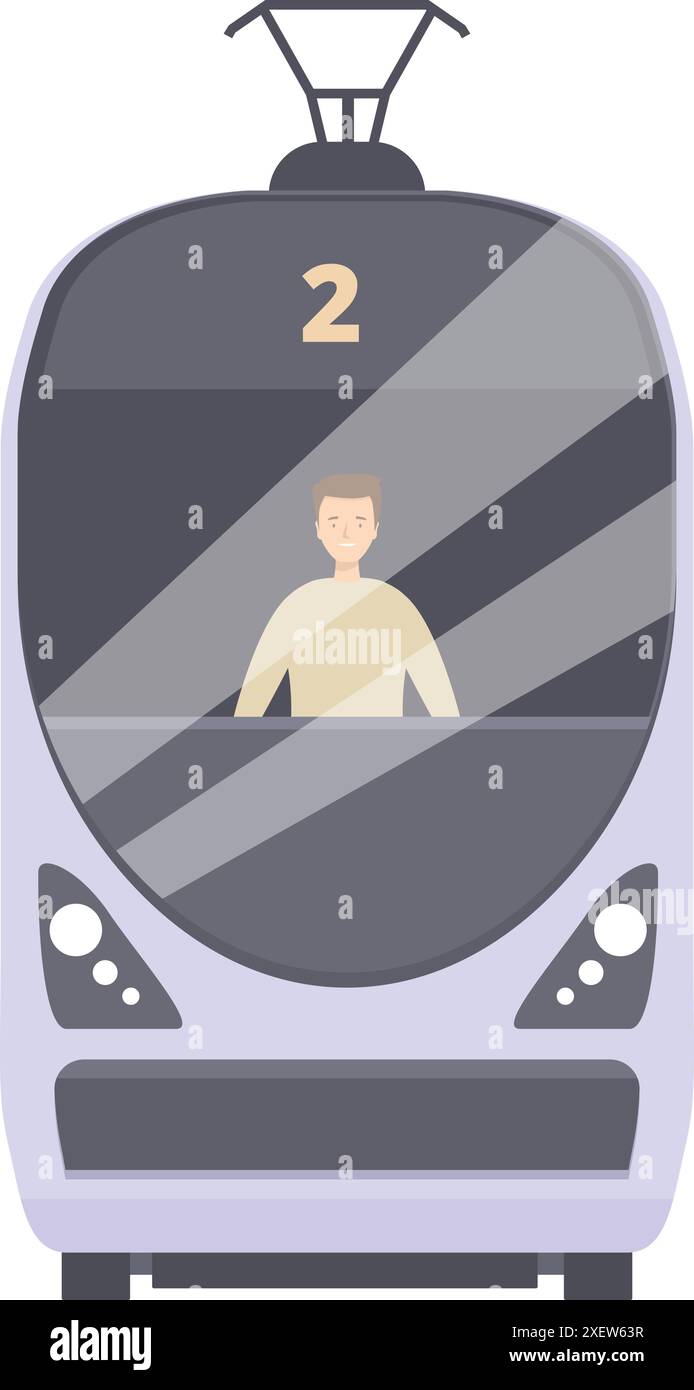 Der Straßenbahnfahrer sitzt in einer modernen Straßenbahn, bedient das Fahrzeug und gewährleistet eine sichere Fahrt für die Passagiere Stock Vektor