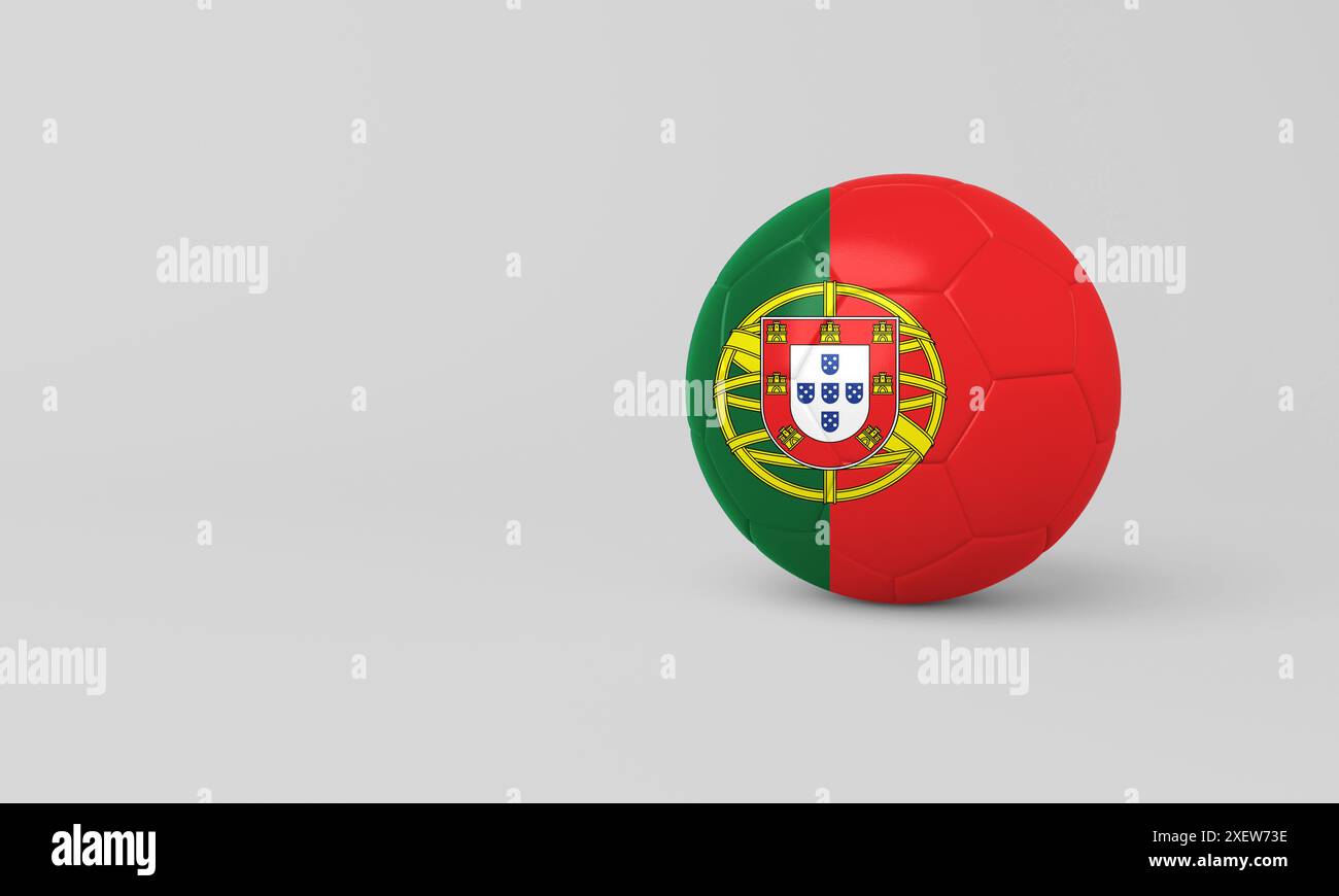 3D-Illustration eines Fußballballs mit portugiesischer Flagge auf weißem Hintergrund. Ideal für Sport, Nationalstolz und Fußballprojekte Stockfoto