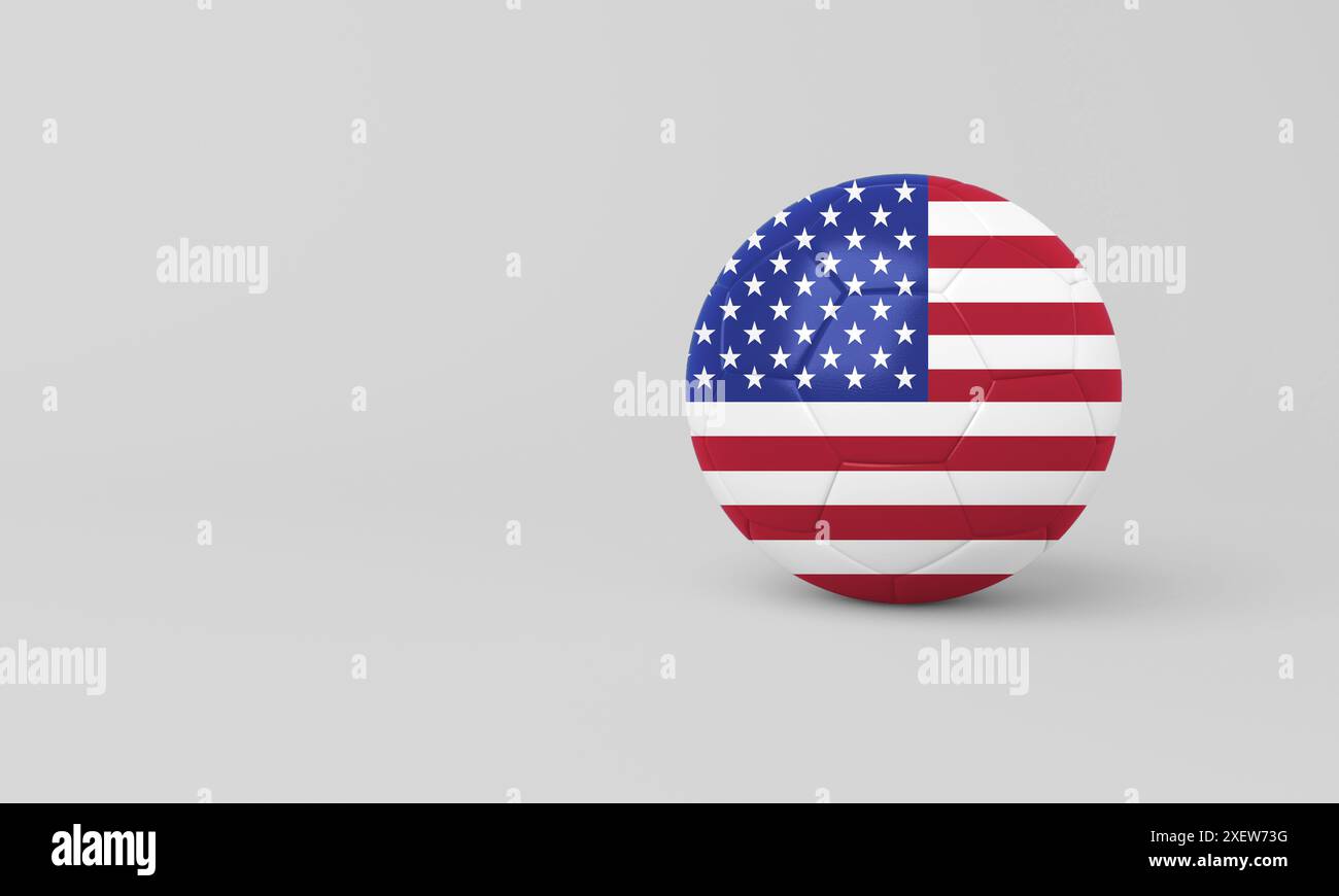 3D-Illustration eines Fußballballs mit der amerikanischen Flagge auf weißem Hintergrund. Ideal für Sport, Nationalstolz und Fußballprojekte. Stockfoto