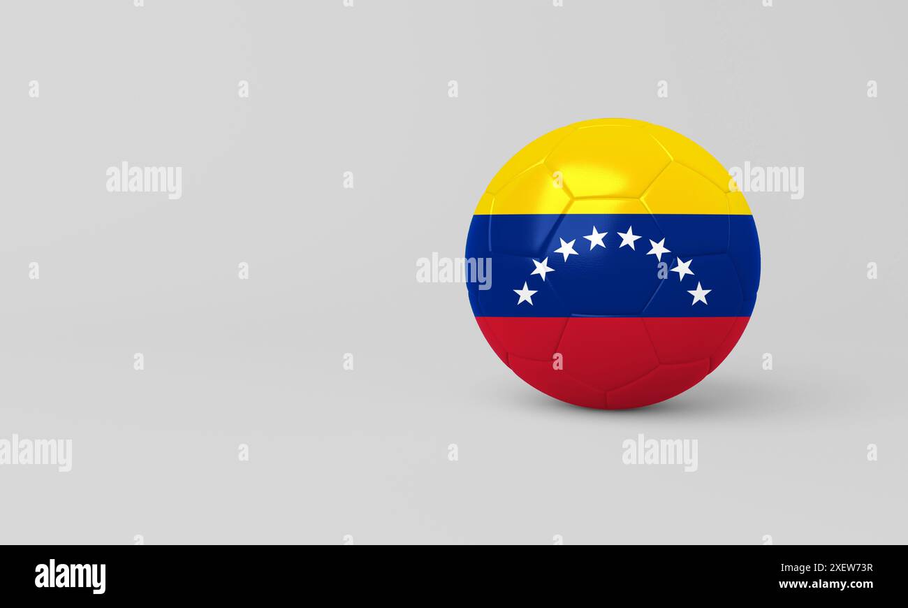 3D-Illustration eines Fußballballs mit der venezolanischen Flagge auf weißem Hintergrund. Ideal für Sport, Nationalstolz und Fußballprojekte Stockfoto
