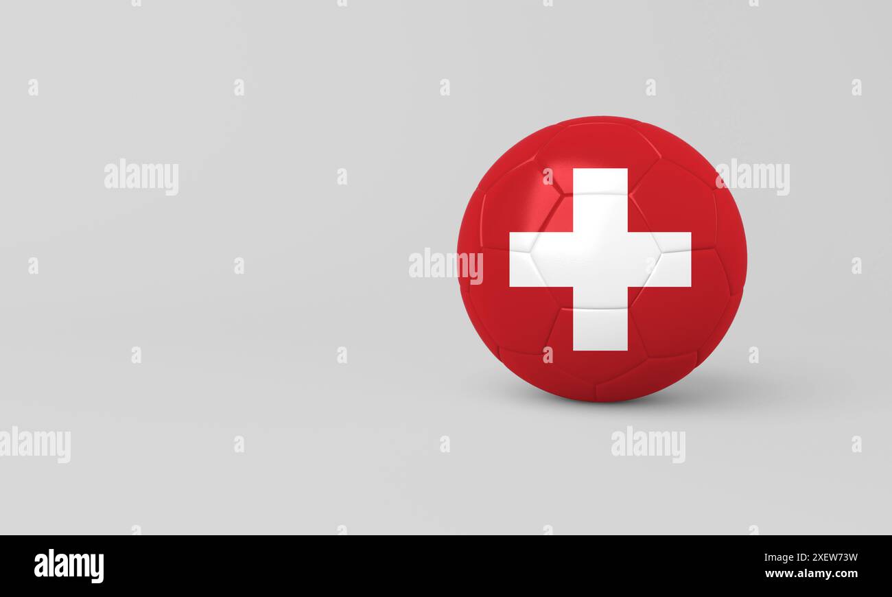 3D-Illustration eines Fußballballs mit der Schweizer Flagge auf weißem Hintergrund. Ideal für Sport, Nationalstolz und Fußball Stockfoto