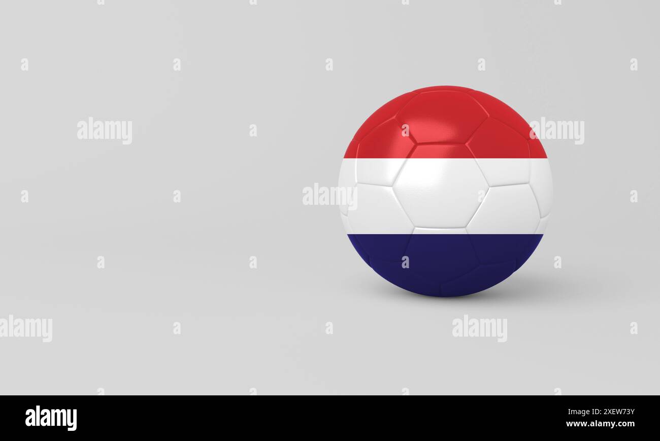 3D-Illustration eines Fußballballs mit der niederländischen Flagge auf weißem Hintergrund. Ideal für Sport, Nationalstolz und Fußball Stockfoto