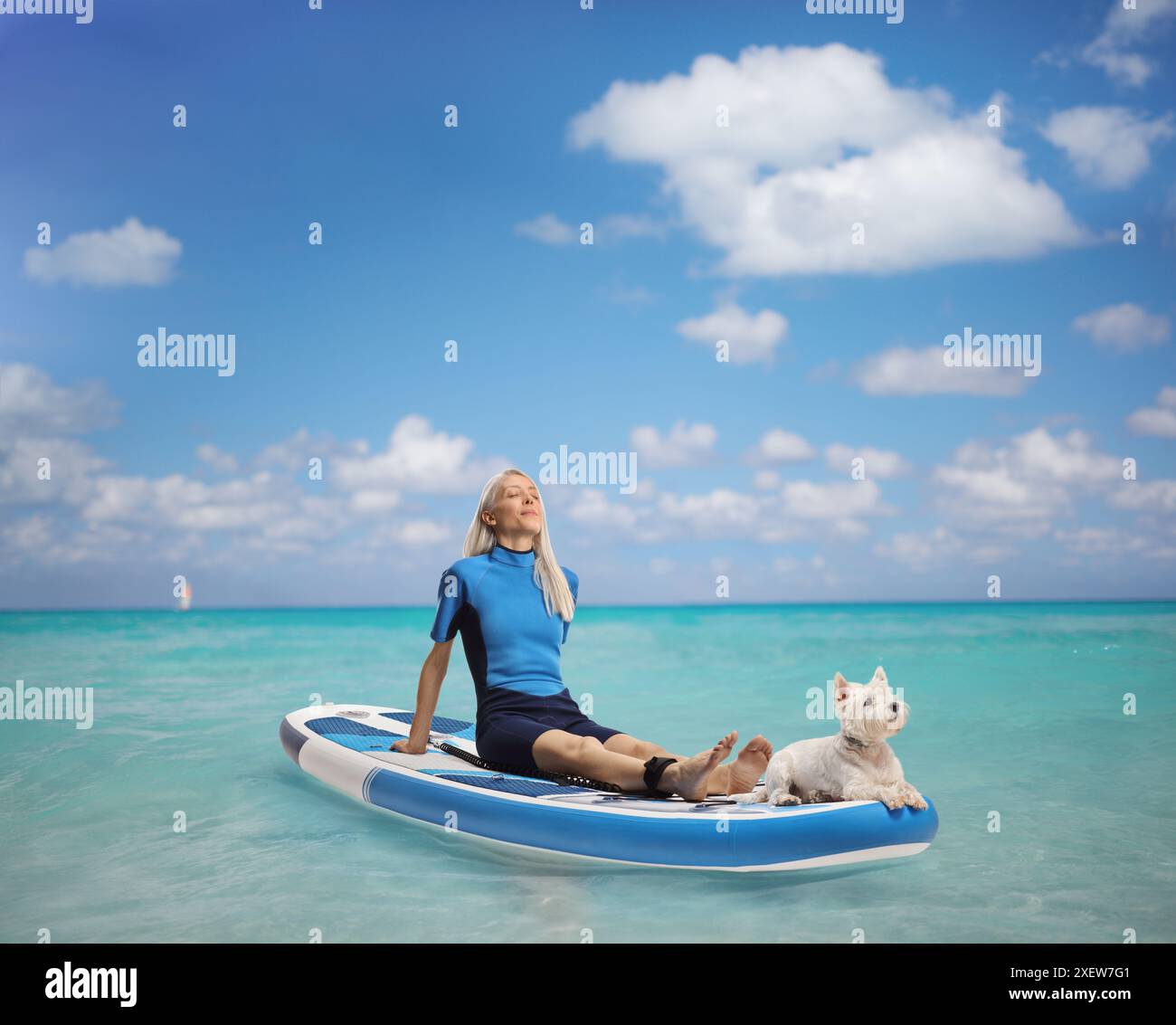 Frau mit einem Hund, der auf einem Brett im Meer sonnt Stockfoto