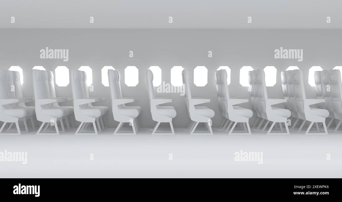 3D-Rendering von weißem Flugzeuginnenraum mit leeren Sitzen und Platz Stockfoto