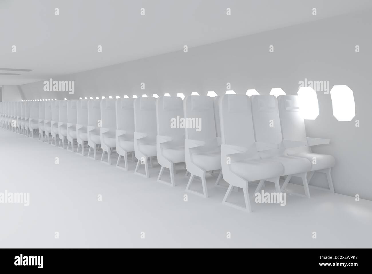3D-Rendering von weißem Flugzeuginnenraum mit leeren Sitzen und Platz Stockfoto