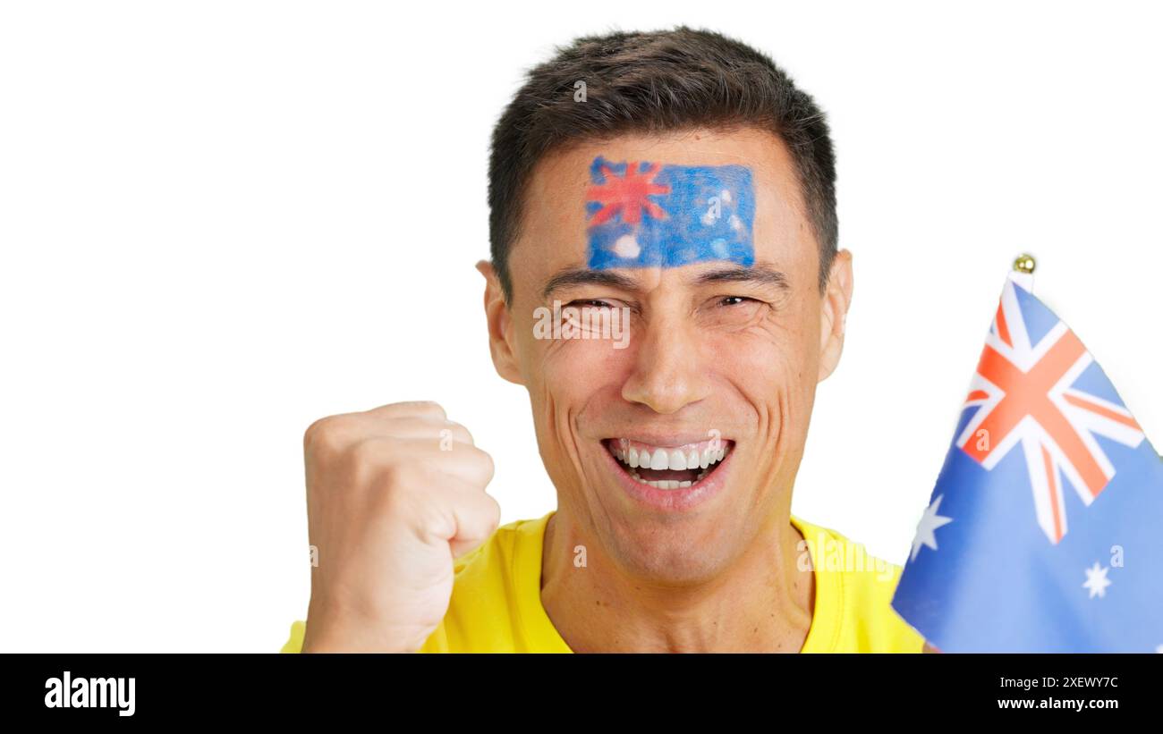 Nahaufnahme eines Mannes, der das australische Team unterstützt Stockfoto