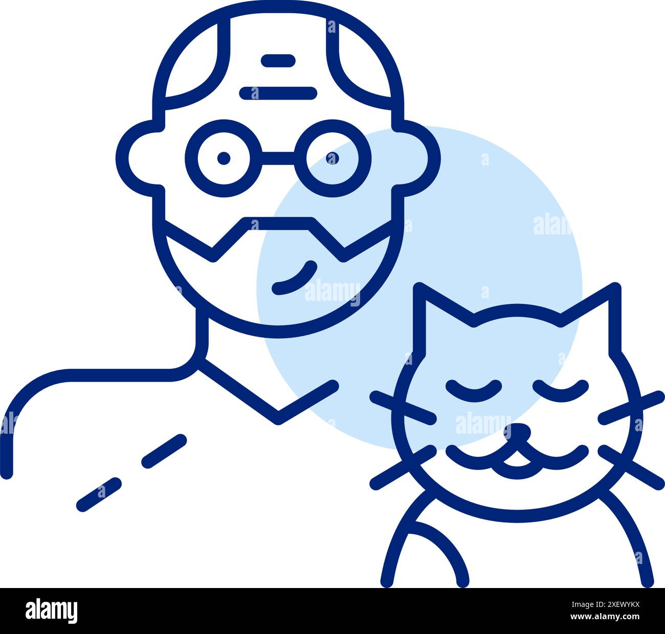 Älterer Mann mit Brille und glücklicher Katze. Begleiter für Haustiere. Tierliebe. Pixel Perfect Vektor-Symbol Stock Vektor