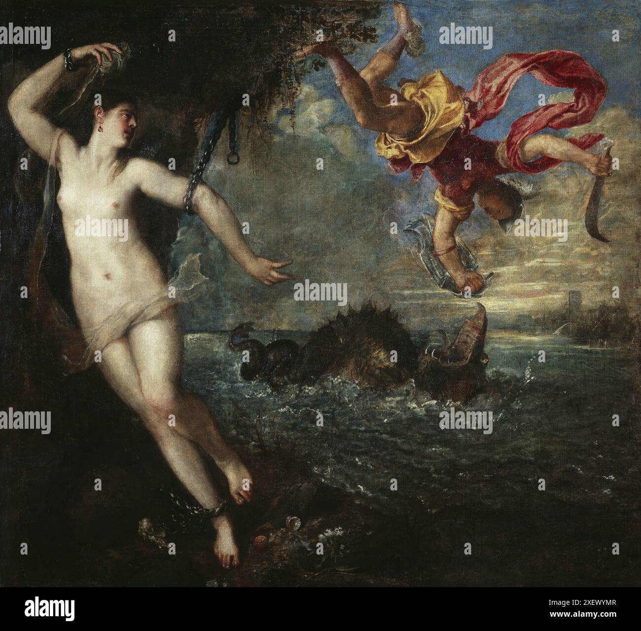 TWC61686 Perseus and Andromeda, 1554-56 (Öl auf Leinwand) von Titian (Tiziano Vecellio) (c.1488-1576); 175x192 cm; Wallace Collection, London, UK; (add.info.: aus Ovid's Metamorphoses;); Italienisch, nicht urheberrechtlich geschützt. Stockfoto