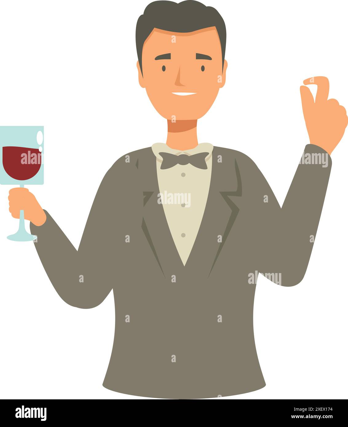Sommelier im Smoking, der ein Glas Rotwein bei der Verkostung genießt und präsentiert Stock Vektor