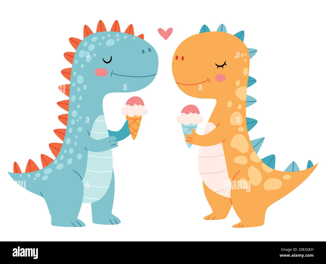 Zwei süße Dinosaurier essen Eis. Lustige prähistorische Kreatur, Tier oder Monster. Niedliche kindliche Vektor-Illustration für T-Shirt-Druck, Stempel Stock Vektor