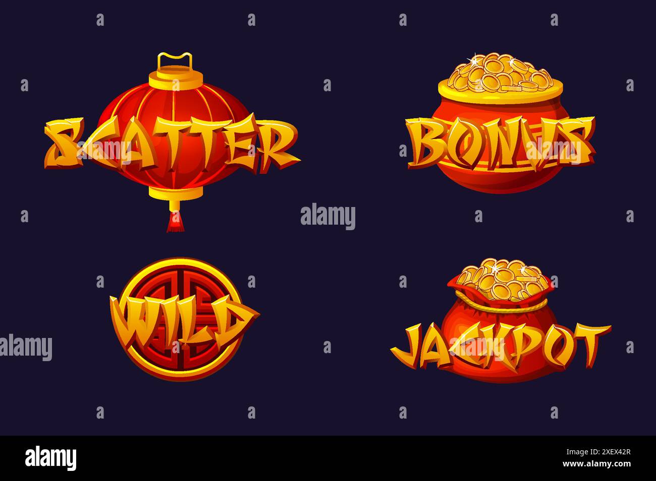 Wild-, Jackpot-, Bonus- und Scatter-Symbole für China-Slots. Symbole im chinesischen Stil für 2D-Spiele und Casino oder Slots. Stock Vektor