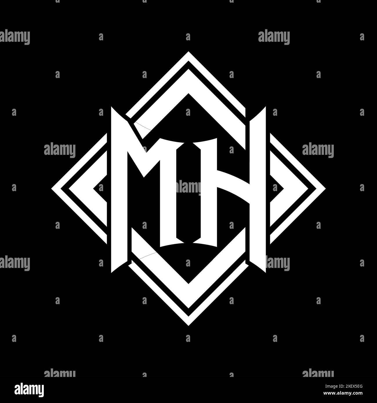 MH-Letter-Logo mit abstrakter Schildform und quadratischer weißer Umrandung auf schwarzem Hintergrund Stockfoto