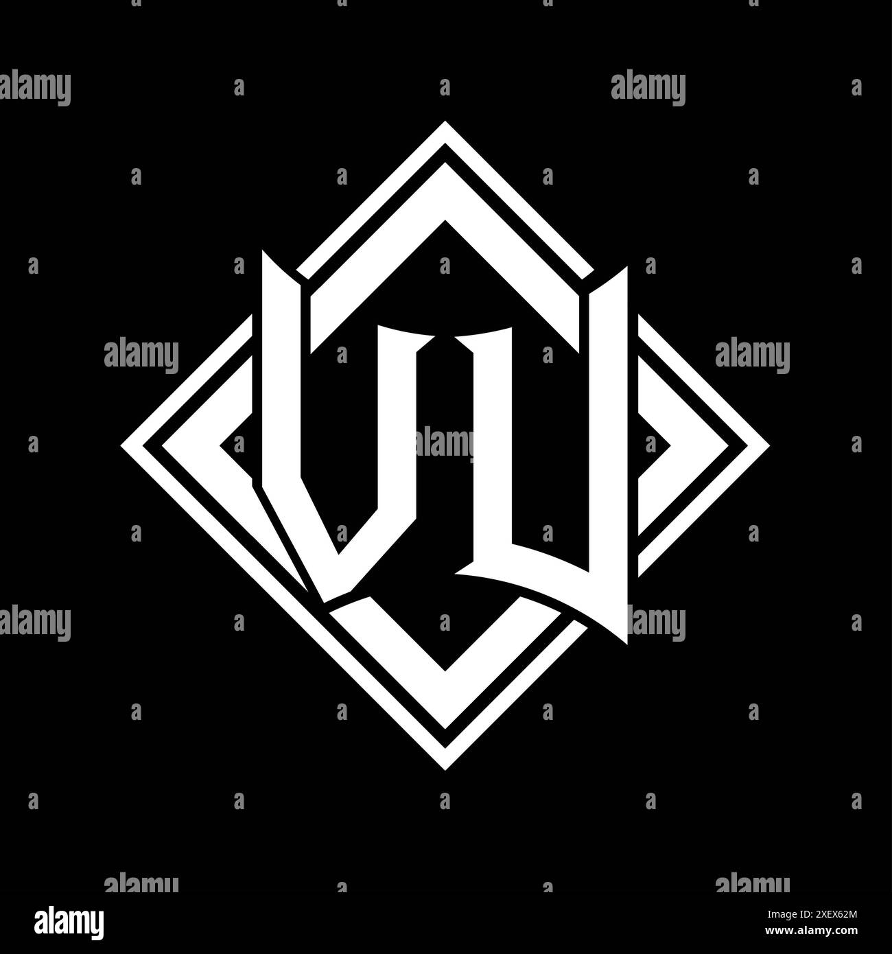 VU-Letter-Logo mit abstrakter Schildform mit quadratischer weißer Umrandung auf schwarzem Hintergrund Stockfoto