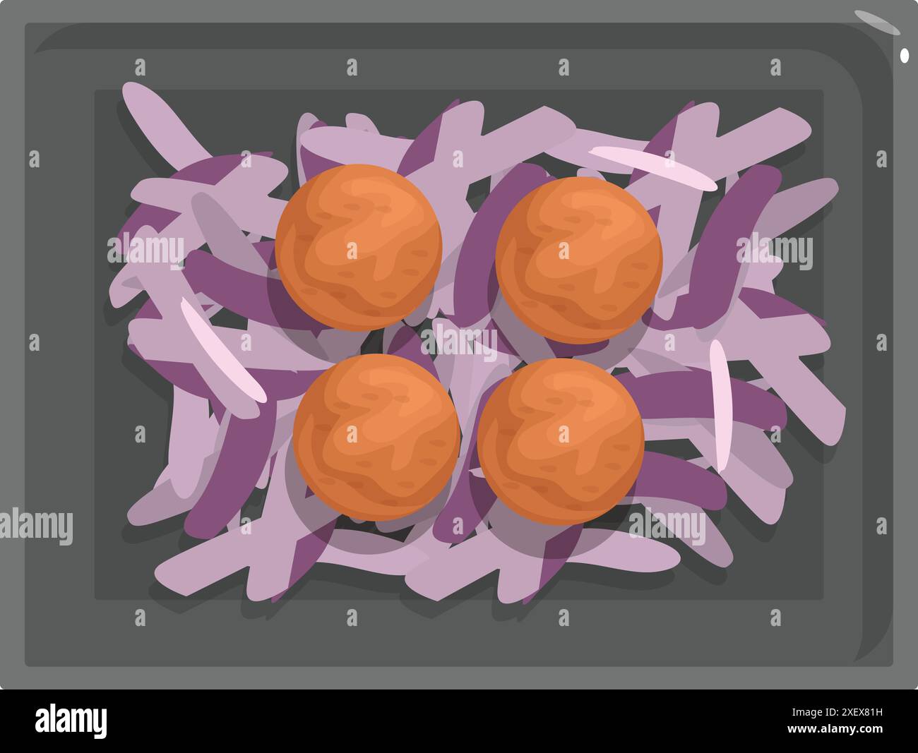 Vier Fleischbällchen kochen in einem Bett aus gehacktem Rotkohl auf einem Backblech Stock Vektor