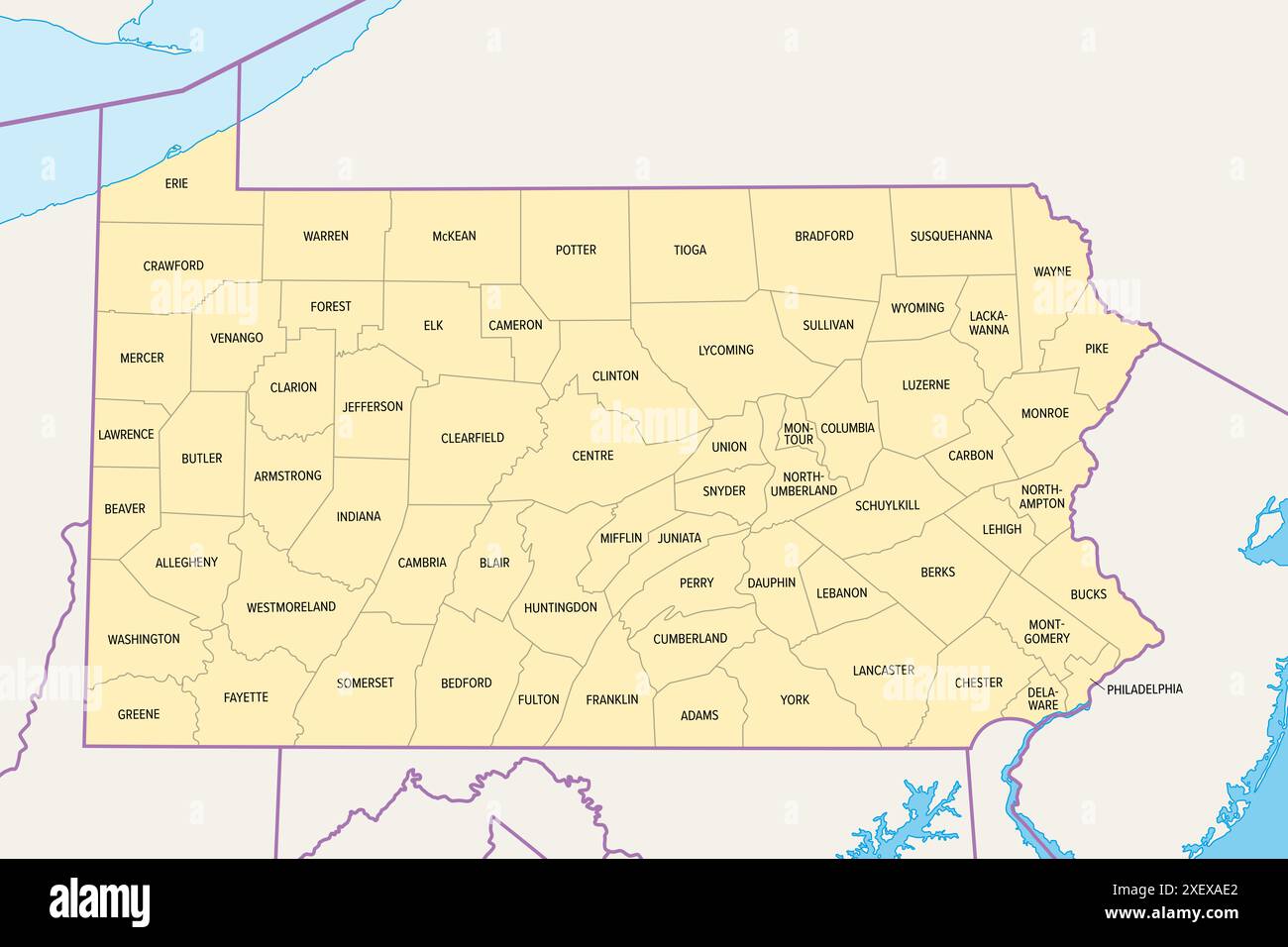 Pennsylvania Counties, politische Karte. Commonwealth of Pennsylvania, Bundesstaat Mittelatlantik und Nordosten der Vereinigten Staaten, unterteilt in 67 Countys. Stockfoto