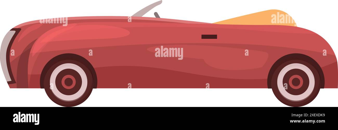 Rotes Cabrio-Oldtimer, das seitlich steht und die rechte Seite zeigt, Retro-Fahrzeug für den Transport isoliert auf weißem Hintergrund Stock Vektor