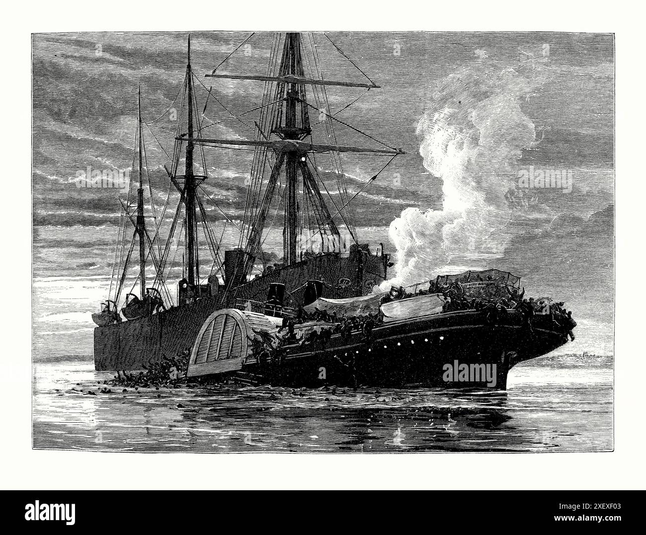 Eine alte Gravur einer Kollision zwischen der SS „Princess Alice“ (ehemals PS Bute), einem Passagierraddampfer und der collier SS „Bywell Castle“ auf der Themse, England, Großbritannien am 3. September 1878. Es stammt aus einem viktorianischen Geschichtsbuch aus dem jahr 1900. Prinzessin Alice sank und 600–700 Menschen starben, der größte Verlust an Menschenleben bei einem Unfall auf der britischen Binnenschifffahrt. Das Schiff brachte Passagiere von Sheerness, Kent zur London Bridge. Sie wurde von Bywell Castle angegriffen. Prinzessin Alice sank schnell – Passagiere ertranken in stark verschmutzten Gewässern in der Nähe eines Abwasserkanals. Stockfoto