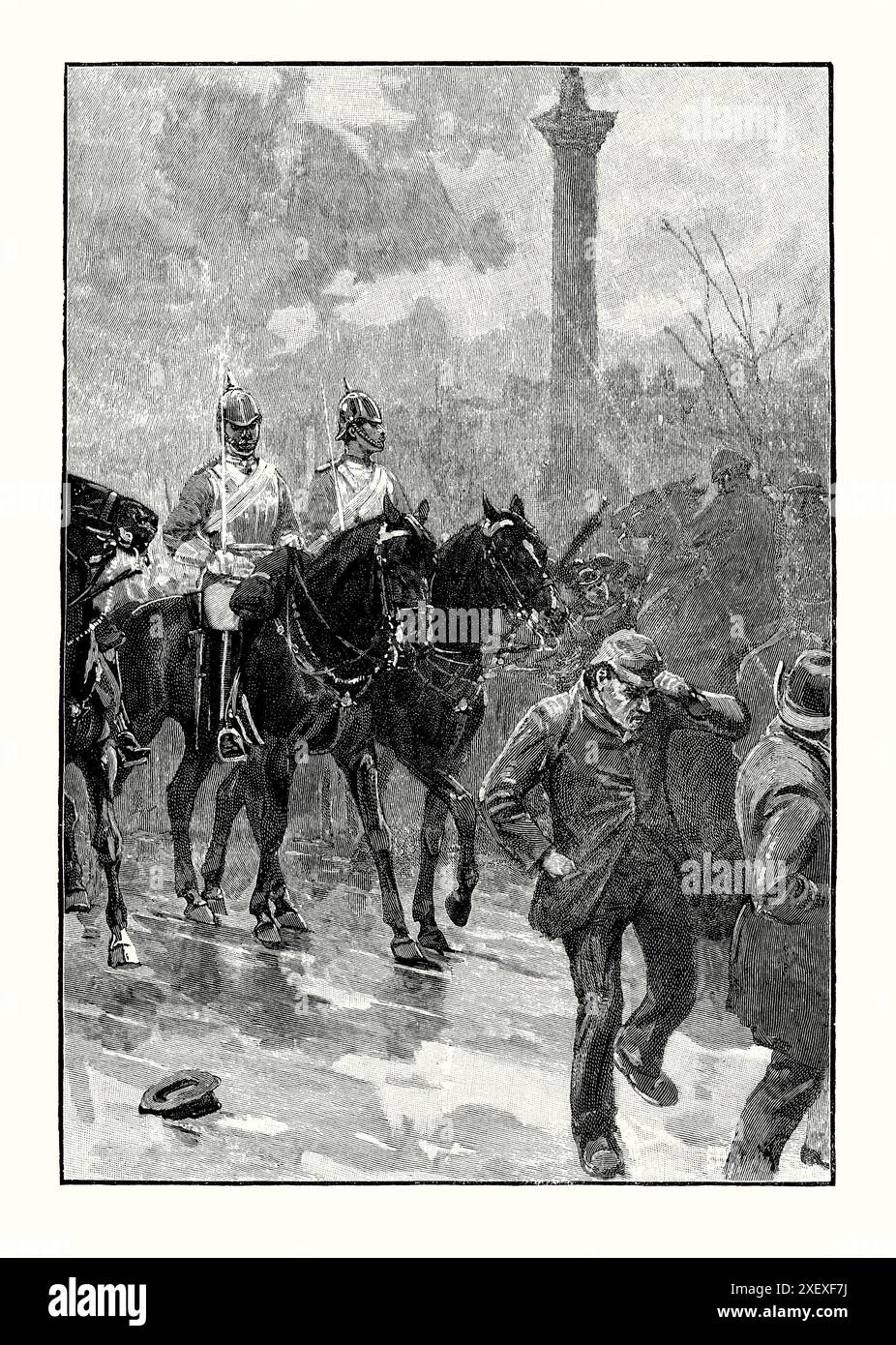 Eine alte Gravur von Demonstranten beim protestmarsch „Bloody Sunday“ am Trafalgar Square, London, England, Großbritannien am 13. November 1887. Es stammt aus einem viktorianischen Geschichtsbuch aus dem jahr 1900. Mindestens 10.000 Demonstranten marschierten zum Trafalgar Square. Die Menge protestierte gegen die Arbeitslosigkeit und die irischen Zwangsgesetze sowie die Freilassung des Abgeordneten William O’Brien, der mit der Metropolitan Police zusammenstieß. Die Demonstration wurde von der Social Democratic Federation und der Irish National League organisiert. Die Polizei wurde eingesetzt, um den marsch zu stoppen, und es kam zu gewaltsamen Auseinandersetzungen mit der Polizei. Stockfoto