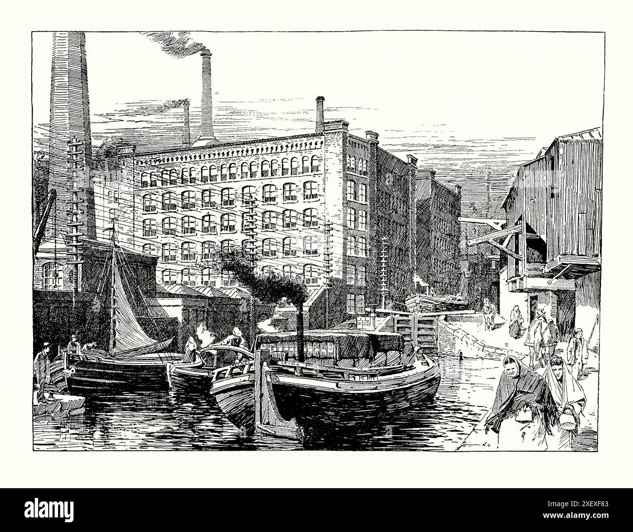 Eine alte Gravur des Rochdale Canal in Miles Platting, Manchester, England, Großbritannien in den späten 1800er Jahren Es stammt aus einem viktorianischen Geschichtsbuch aus dem jahr 1900. Kanalboote dominieren die Szene an der Schleuse mit Victoria Mill im Hintergrund. Miles Platting ist ein Stadtteil von Manchester. Victoria Mill war eine Textilfabrik von William Holland and Sons. Die sechsstöckige Baumwollfabrik wurde 1869 und 1873 nach einem Entwurf des berühmten Bolton-Architekten George Woodhouse in zwei Bauphasen errichtet. Stockfoto