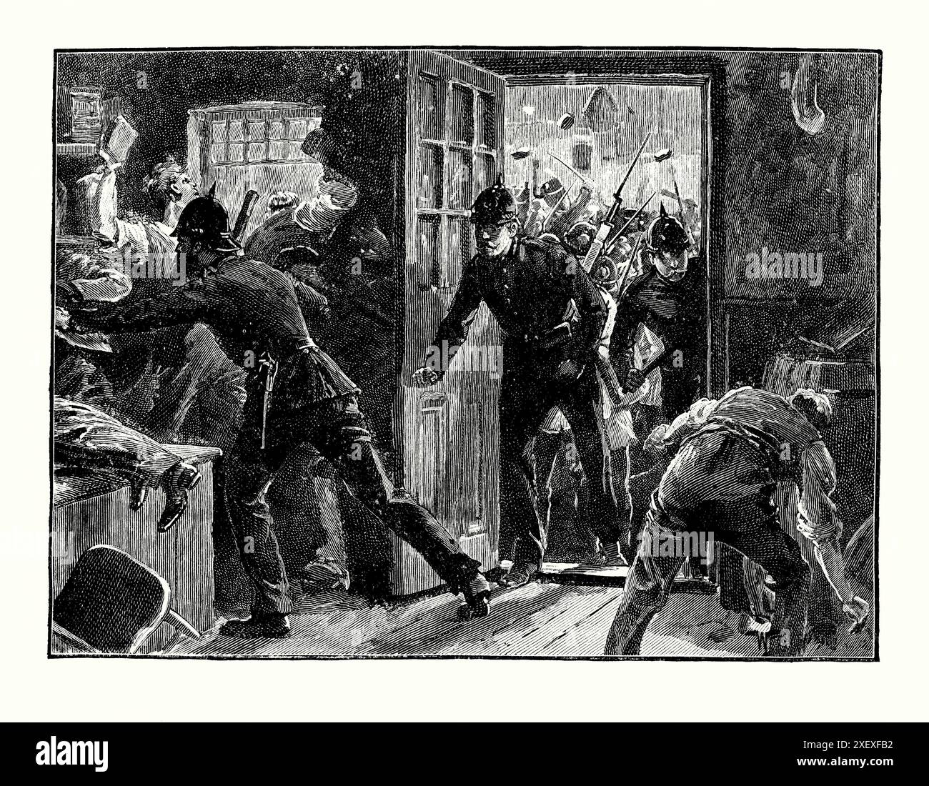 Eine alte Gravur eines Kampfes, Teil des „Landkriegs“, zwischen Mitgliedern der irischen Nationalliga und der Polizei in Ennis, County Clare, Irland im Jahr 1888. Es stammt aus einem viktorianischen Geschichtsbuch aus dem jahr 1900. Die Irish National League (INL) war eine nationalistische Partei in Irland. Sie wurde 1882 von Charles Stewart Parnell als Nachfolger der Irish National Land League gegründet, nachdem diese unterdrückt wurde. Während sich die Land League für eine Landreform engagierte, kämpfte die National League auch für die Selbstverwaltung oder die irische Home Rule. Stockfoto