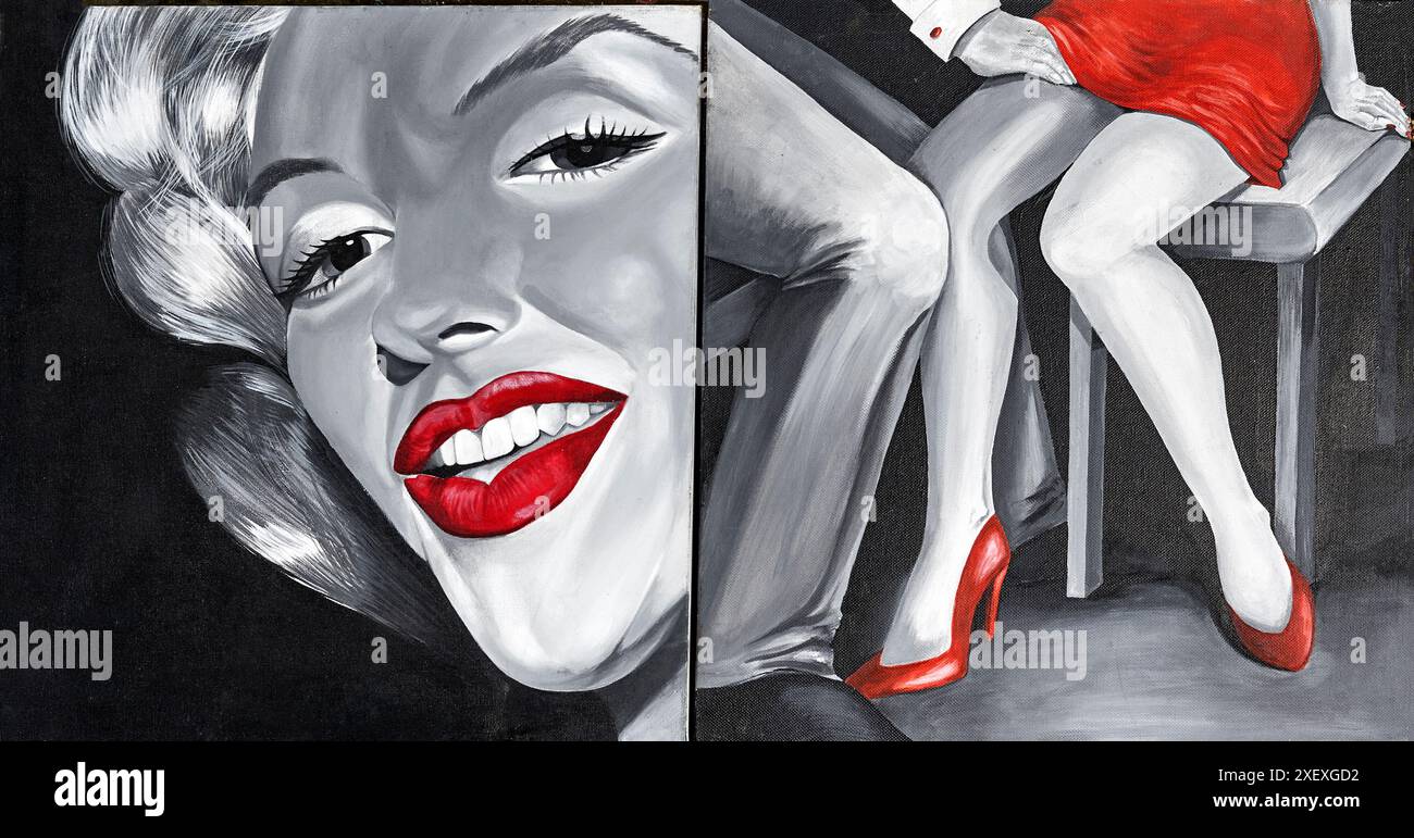 Rote Schuhe und Lippenstift, rotes Kleid und Schuhe, wandernde Hände, Malerei, Kunst, Stockfoto
