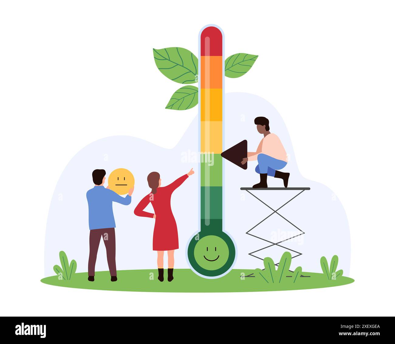 Messung und Kontrolle des Belastungsniveaus. Winzige Menschen messen menschliche Emotionen und Schmerzen auf Skalen des Infothermometers, bewerten positive und negative Stimmung und halten Emoji-Zeichentrickvektor-Illustration Stock Vektor