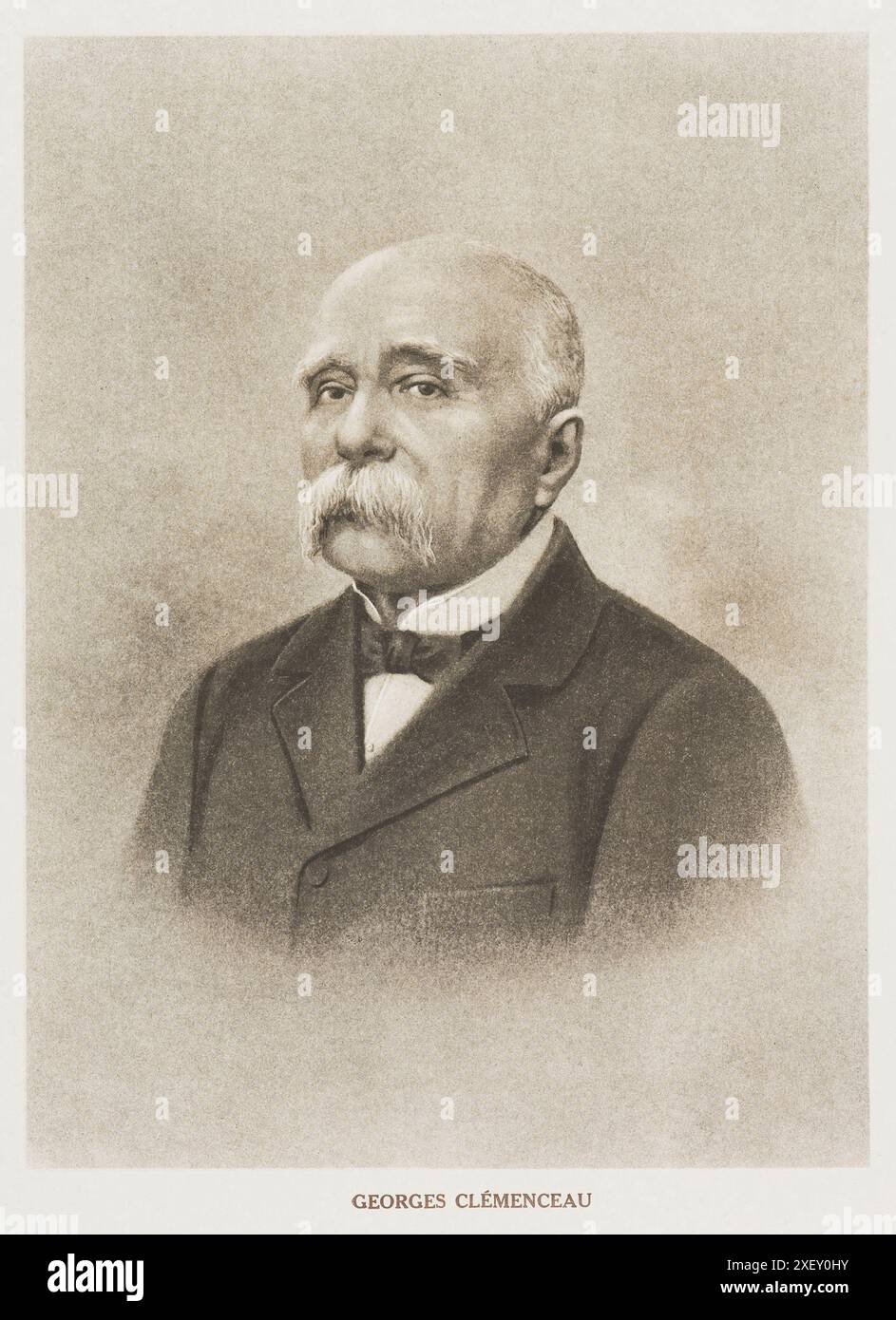 Porträt von Georges Clemenceau. Georges Clemenceau (1841–1929), französischer Staatsmann, der von 1906 bis 1909 und von 1917 bis 1920 Premierminister von Frankreich war. Als beliebte Figur der unabhängigen Radikalen spielte er eine zentrale Rolle in der Politik der Dritten Republik und führte das Land bis zum Ende des Ersten Weltkriegs erfolgreich an. Stockfoto